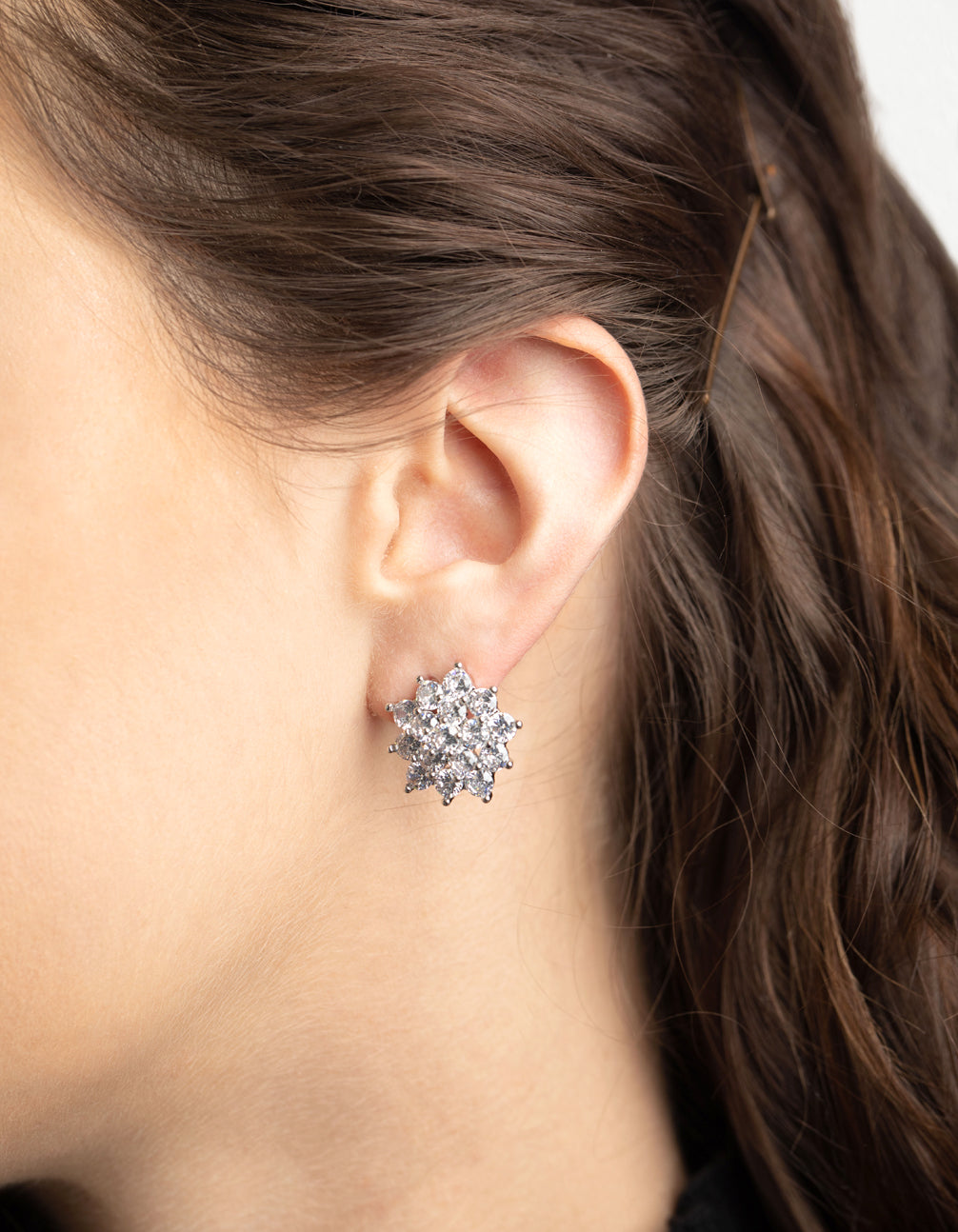 Rhodium Pave Flower Stud Earrings