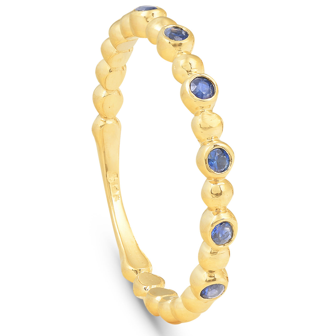 14k Yellow Gold Blue Sapphire Ring 1/8 ct Women's Stackable Beaded Band