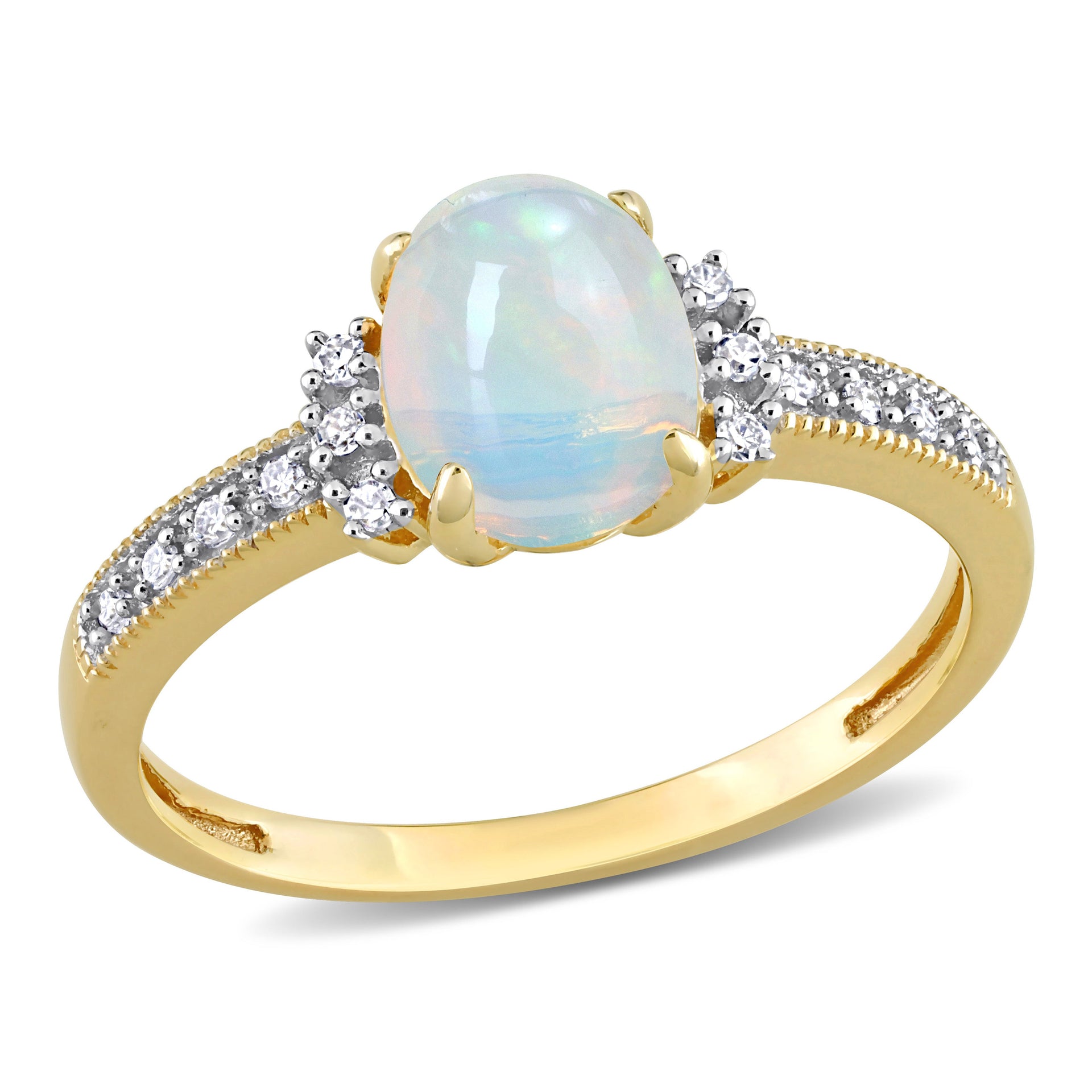 3/4 CT TGW Oval Shape Blue Ethiopian Opal and Diamond Accent Ring in 10K Yellow Gold