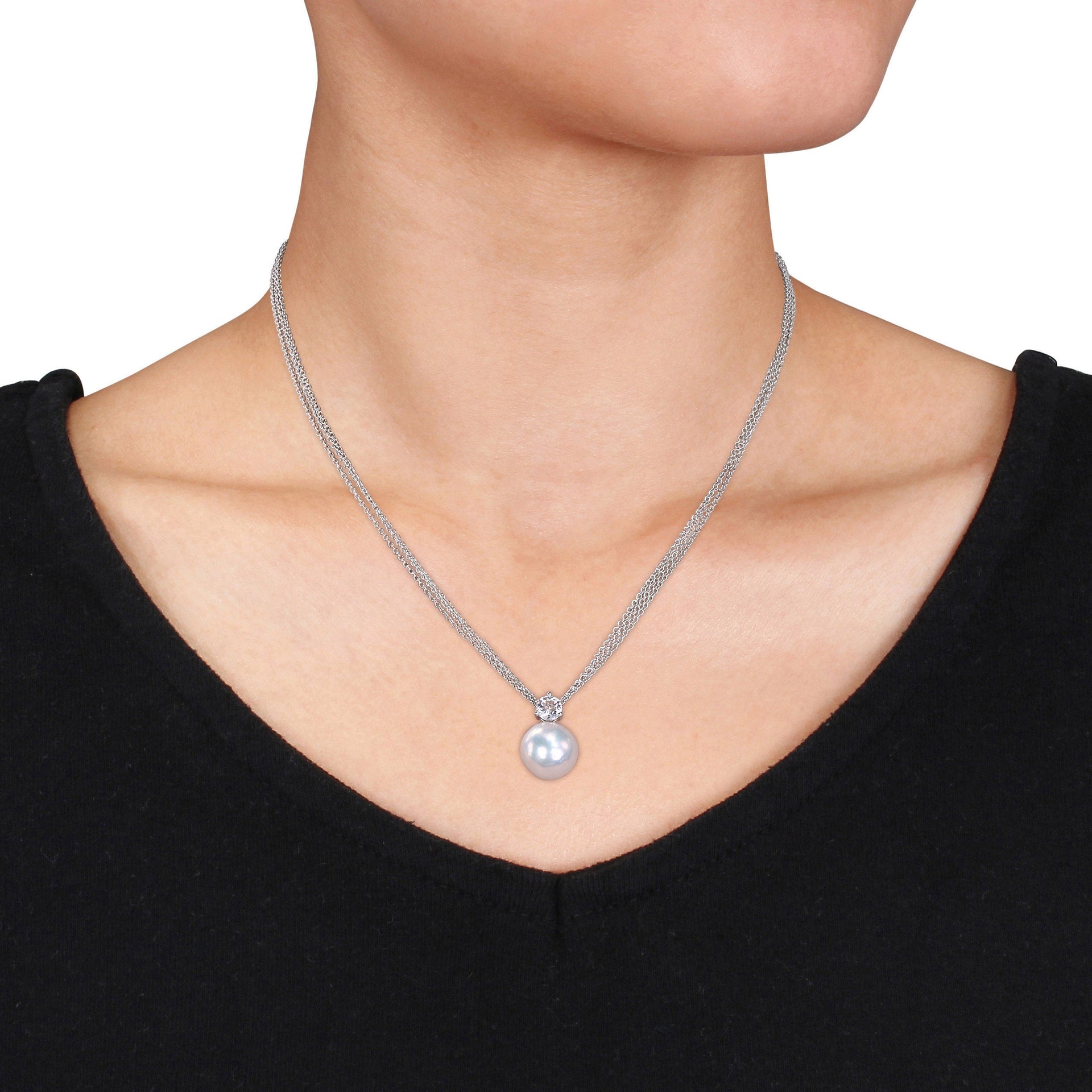 11-12mm Cultured Freshwater Pearl and 5/8 ct TW White Topaz Necklace in Sterling Silver