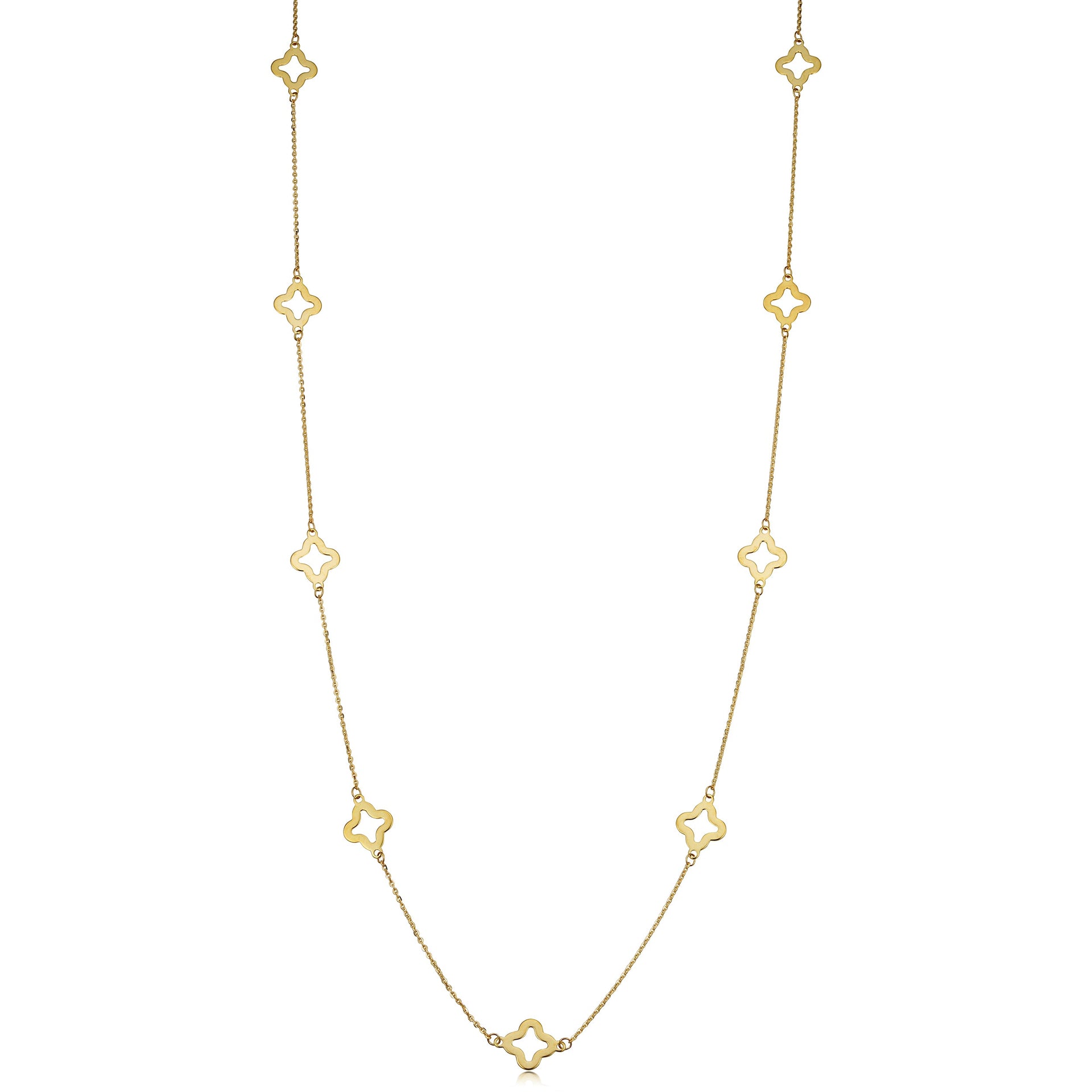 14k Yellow Gold Clover Flower Station Necklace (26 inch)
