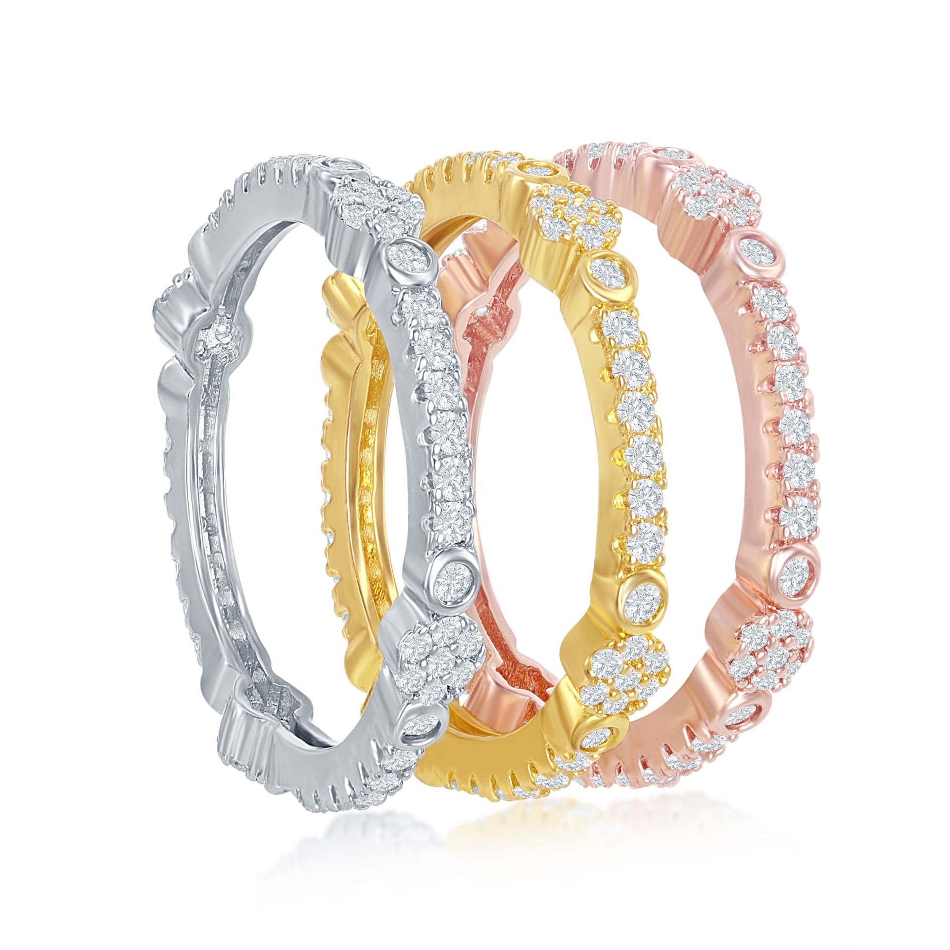 Sterling Silver Tri-Color CZ Designed Eternity Triple Band Ring