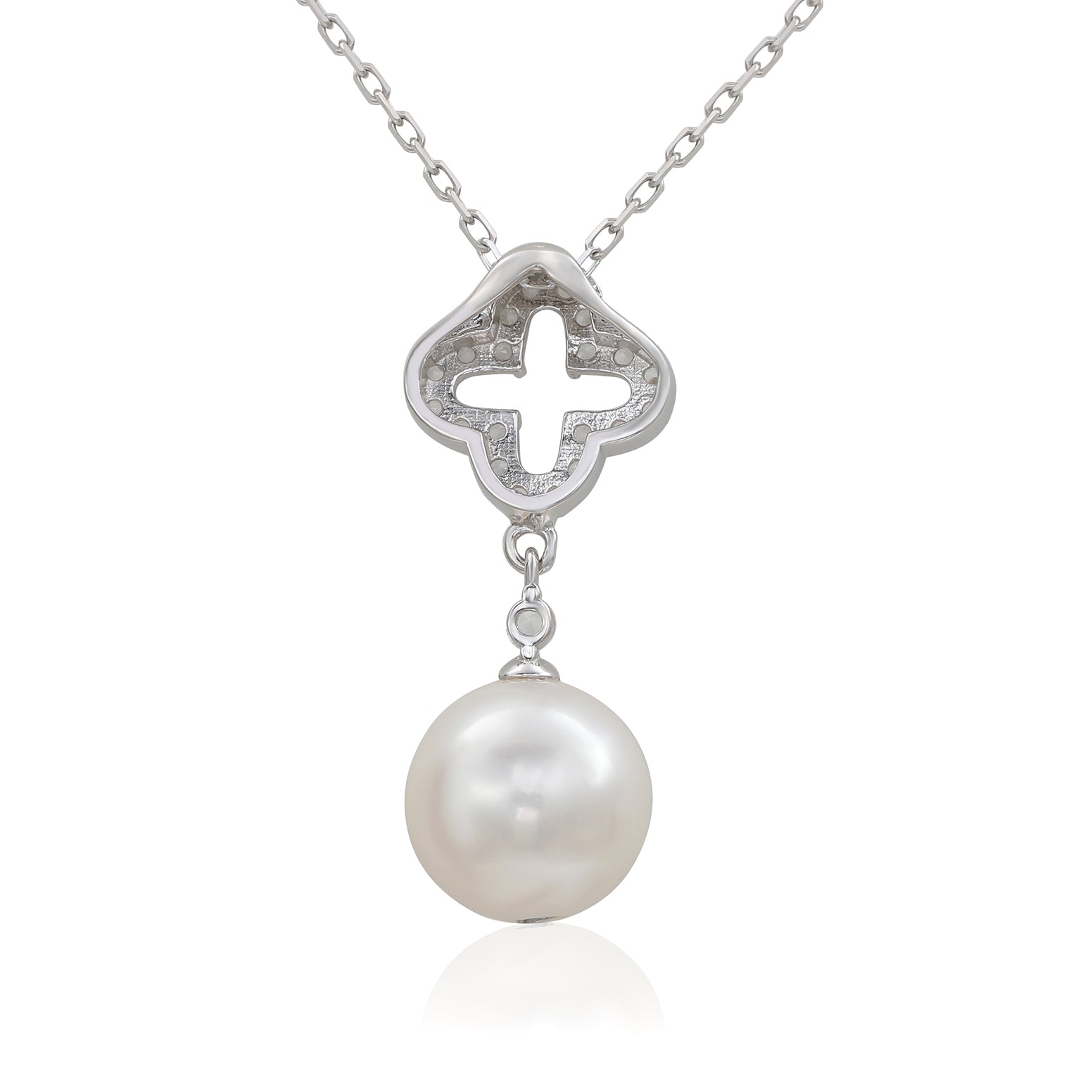 Suzy Levian Sterling Silver Clover White Sapphire and Cultured Pearl Pendant