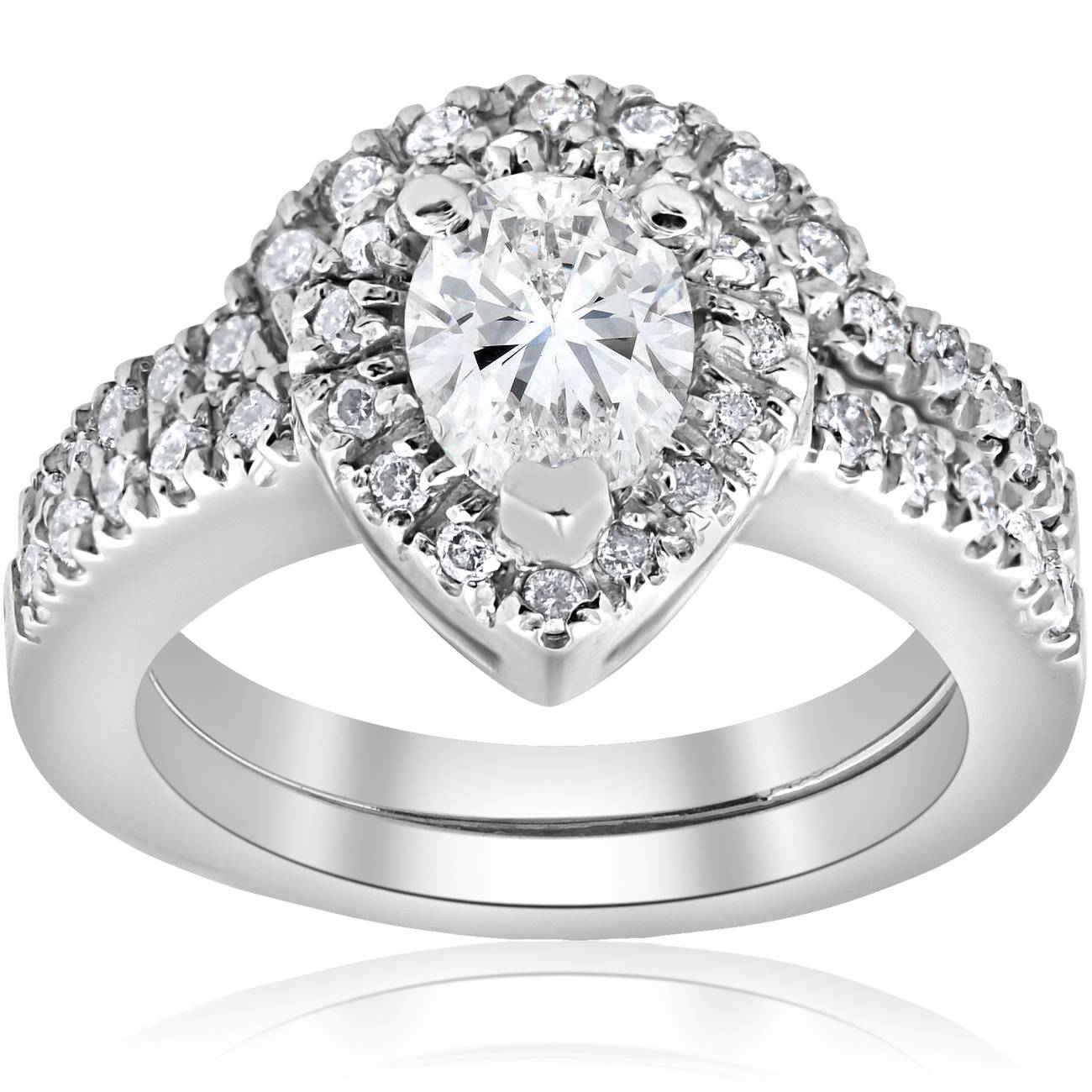 1 1/4 ct Pear Shape Lab Grown Diamond Halo Wedding Engagement Set 14K White Gold