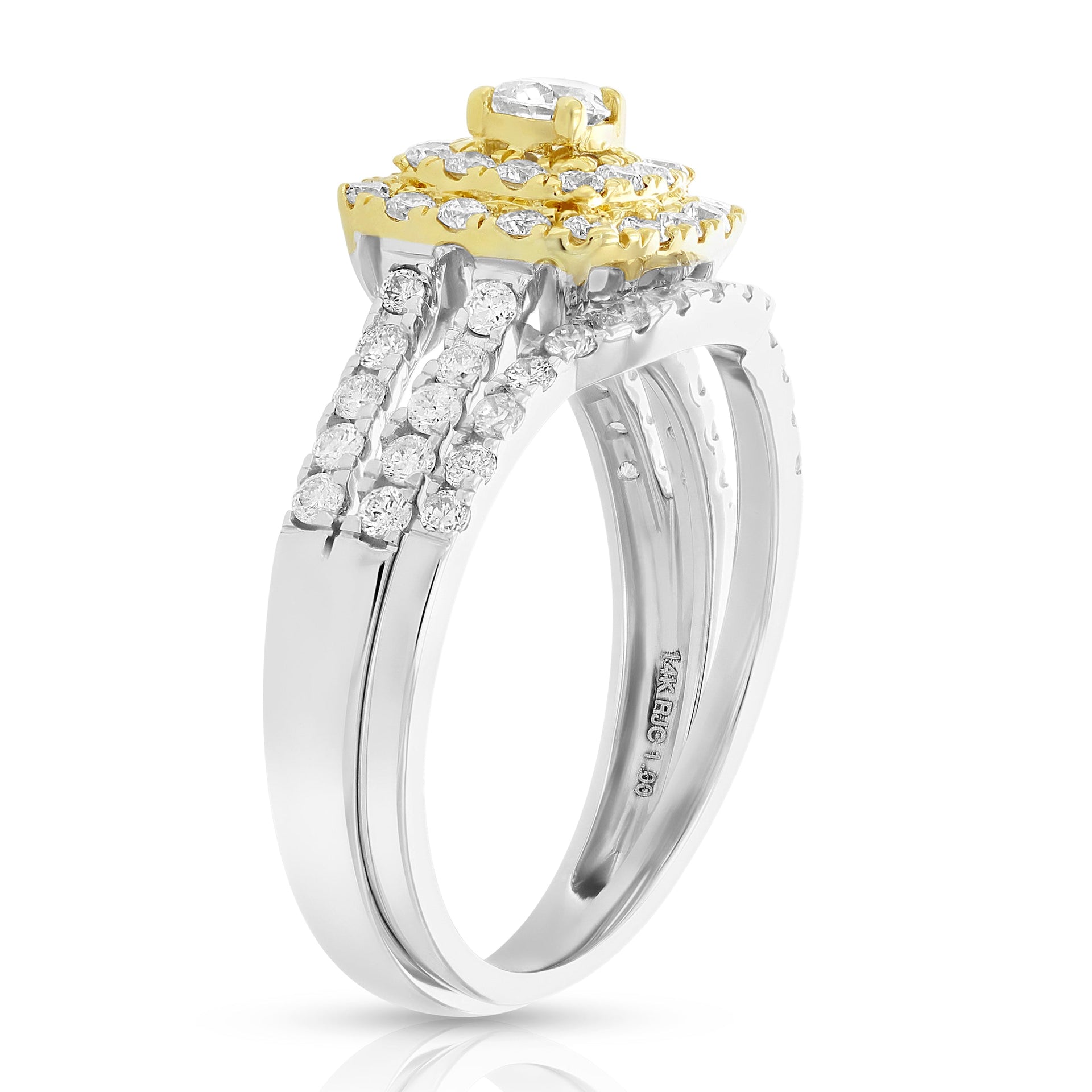 1 Cttw Diamond Wedding Bridal Ring Set 14K Two Tone Gold Cushion Halo Engagement