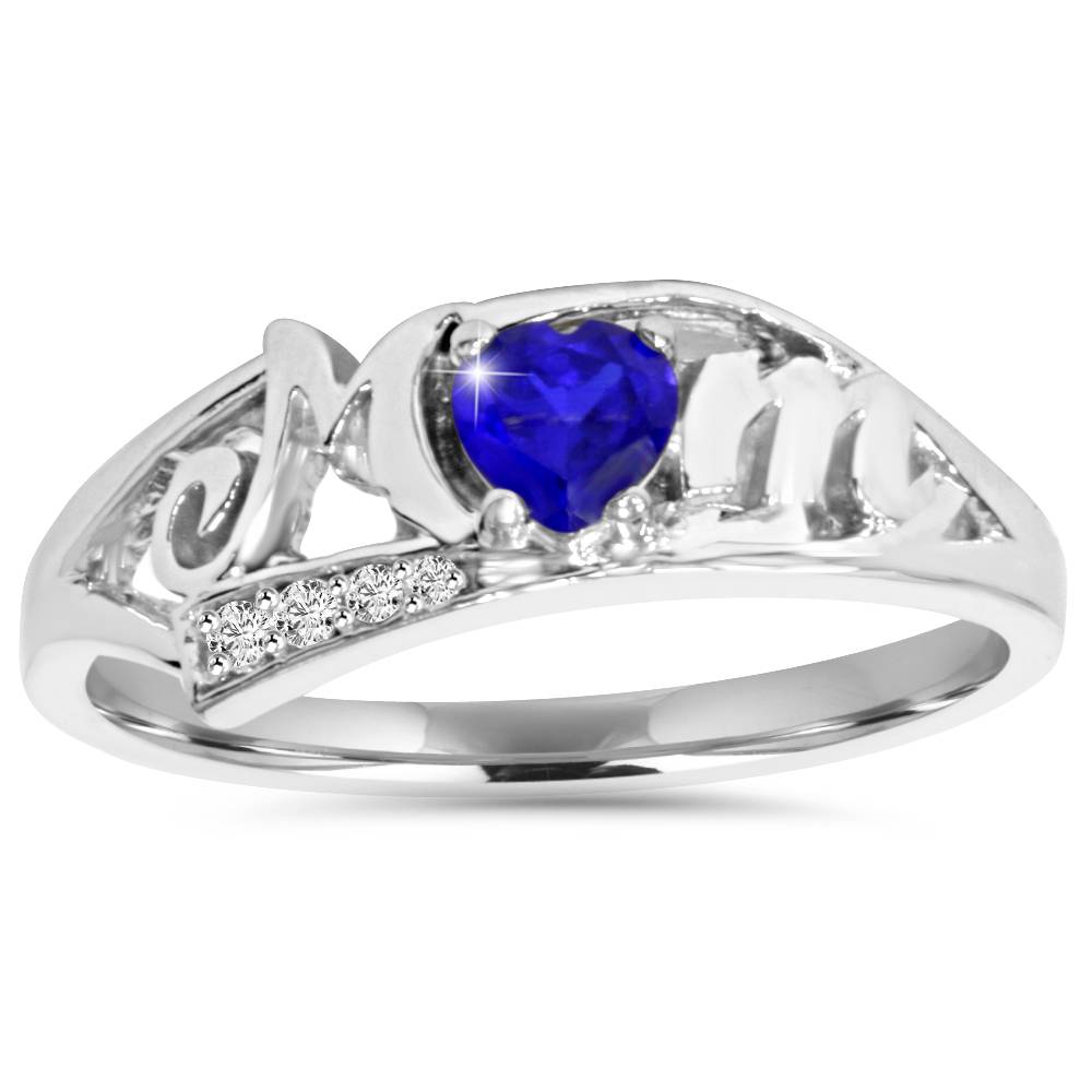 5/8 ct Blue Heart Sapphire & Diamond MOM Ring 10K White Gold