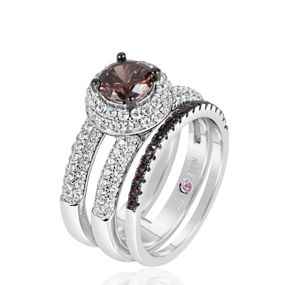 Suzy Levian Sterling Silver Brown Chocolate and White Cubic Zirconia 2-Piece Engagement Ring