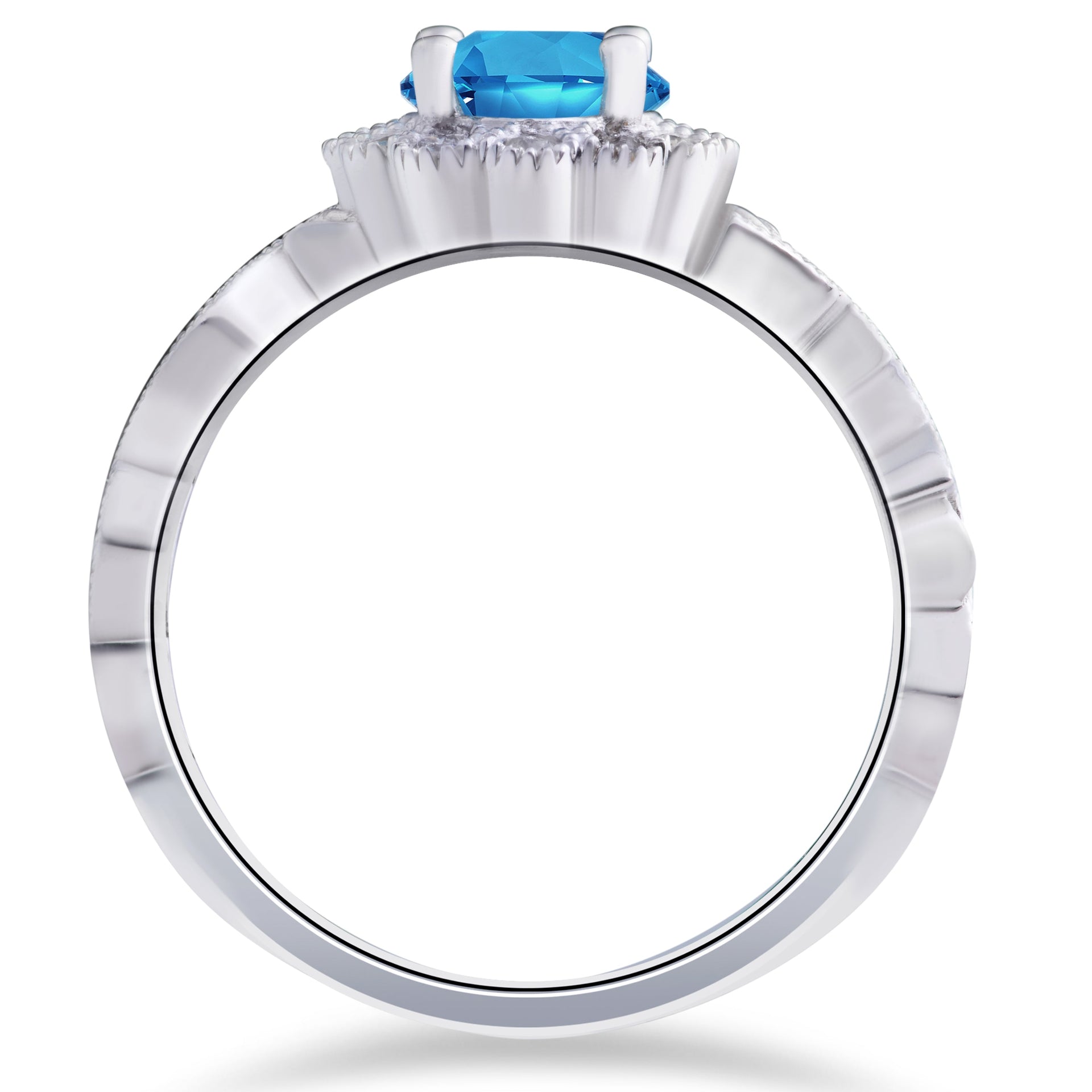 1 ct Oval Blue Topaz & Diamond Vintage Halo Vine Petal Ring 14k White Gold