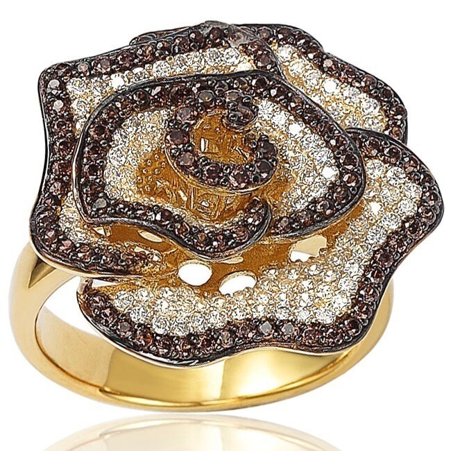 Suzy Levian Golden Sterling Silver Brown and White Cubic Zirconia Pave Flower Ring