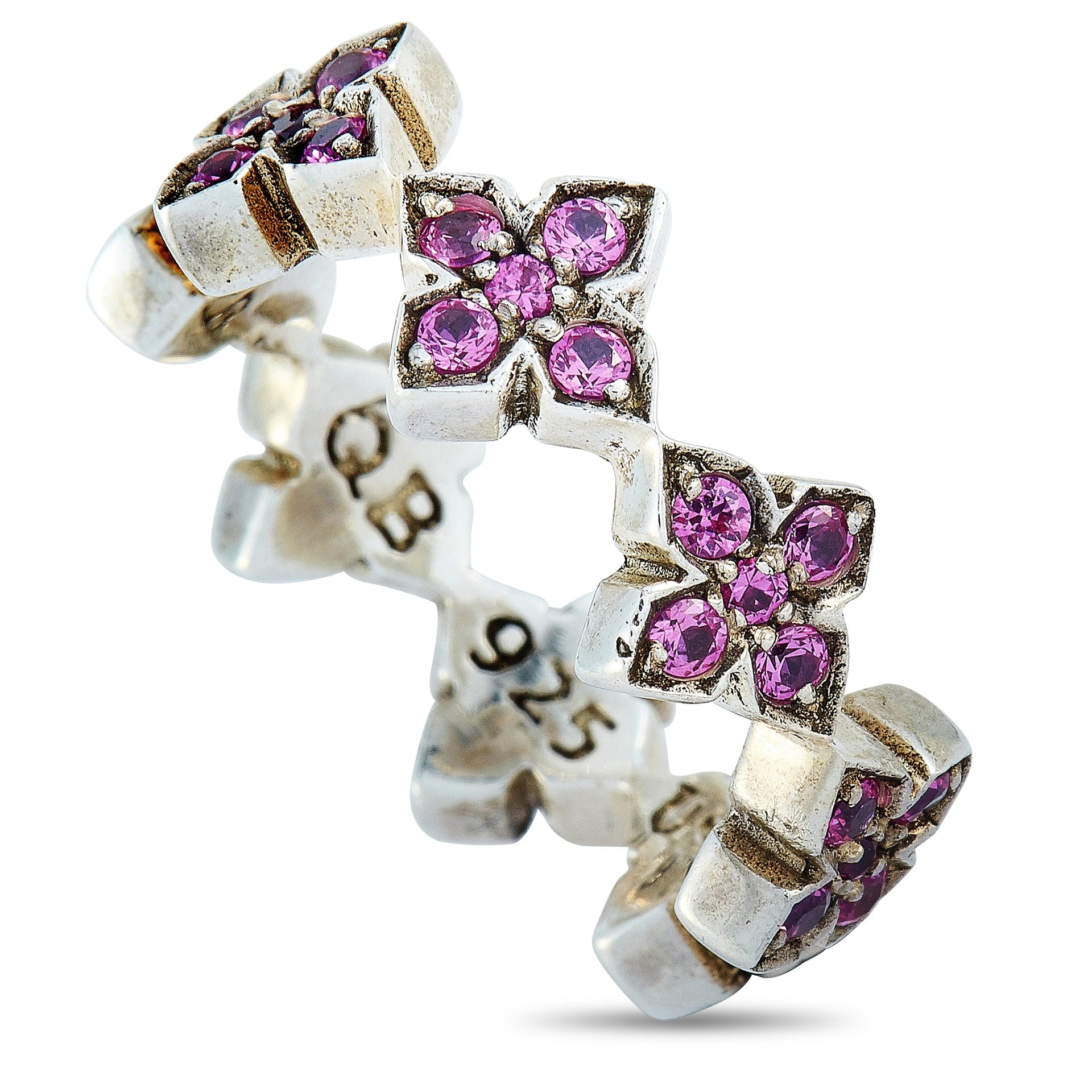 Silver and Pink Cubic Zirconia MB Cross Ring