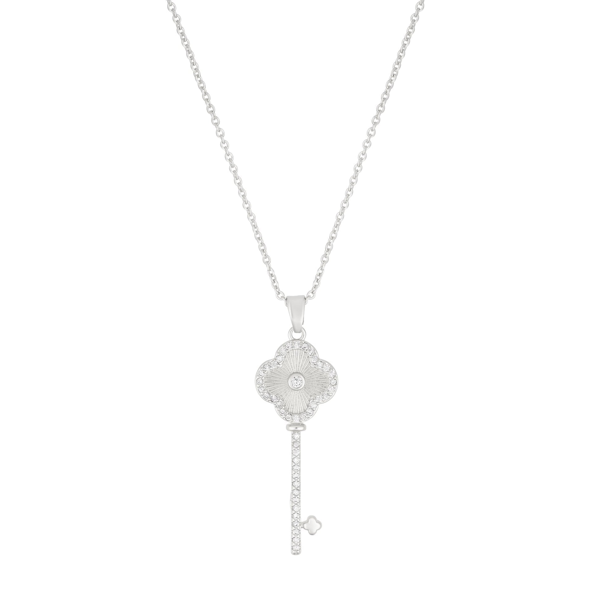 Silver Plated Pave Clover Key Pendant Necklace