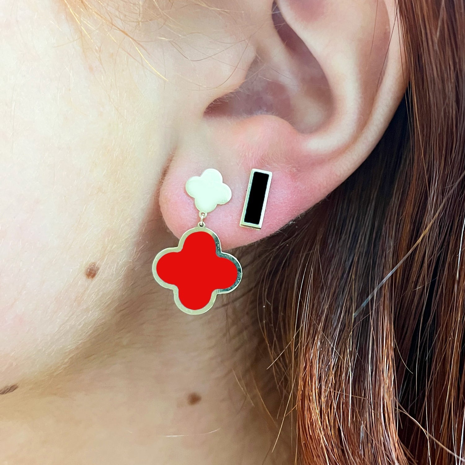 Coral And Gold Clover Drop Earrings