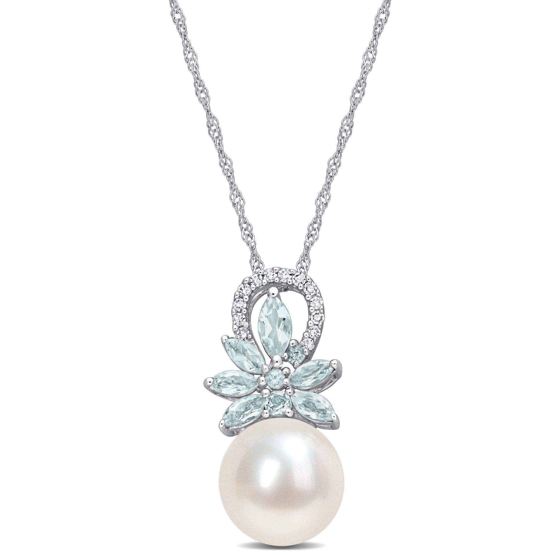 9.5-10mm Cultured Freshwater Pearl and 1/3ct TW Aquamarine and Diamond Accent Flower Necklace in 14k White Gold