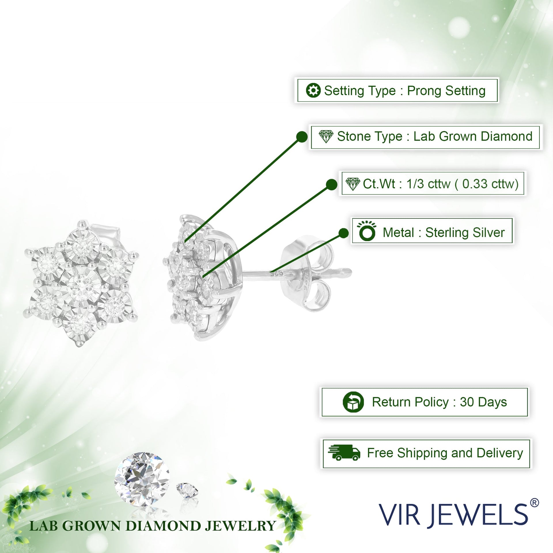 1/3 cttw Lab Grown Diamond Stud Earrings for Her Round Cut and Prong Set .925 Sterling Silver