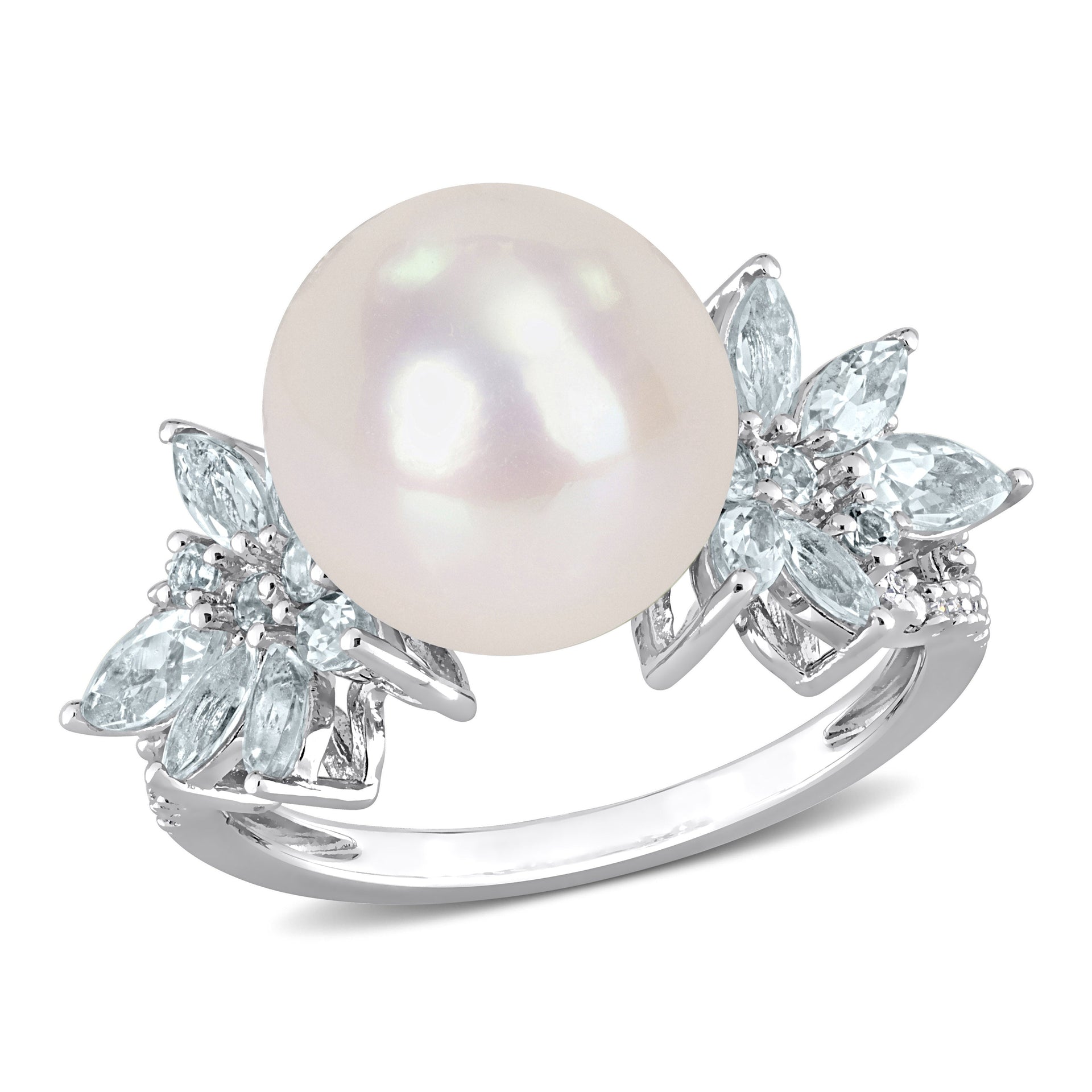 11-12mm Cultured Freshwater Pearl and 1 1/5ct TW Aquamarine and 1/10ct TDW Diamond Flower Ring in Sterling Silver
