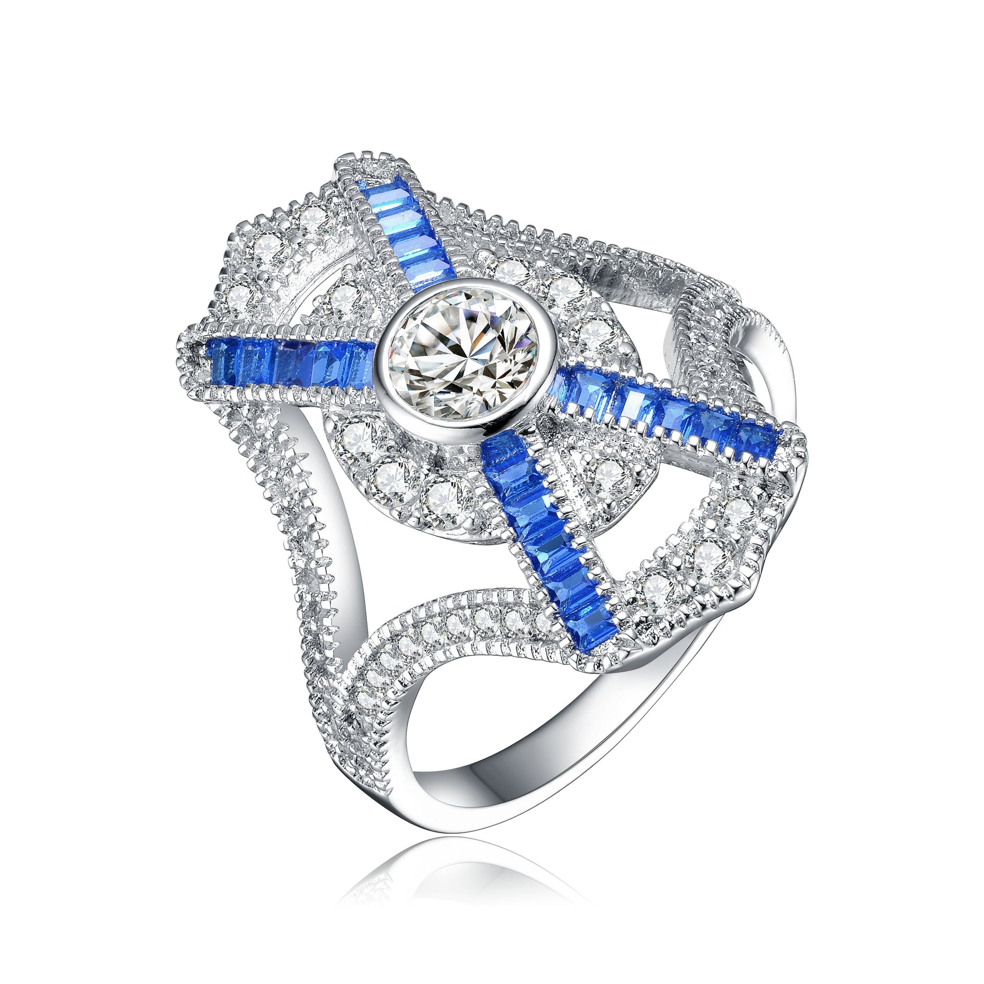 Sterling Silver Sapphire Cubic Zirconia Geometrical Coctail Ring