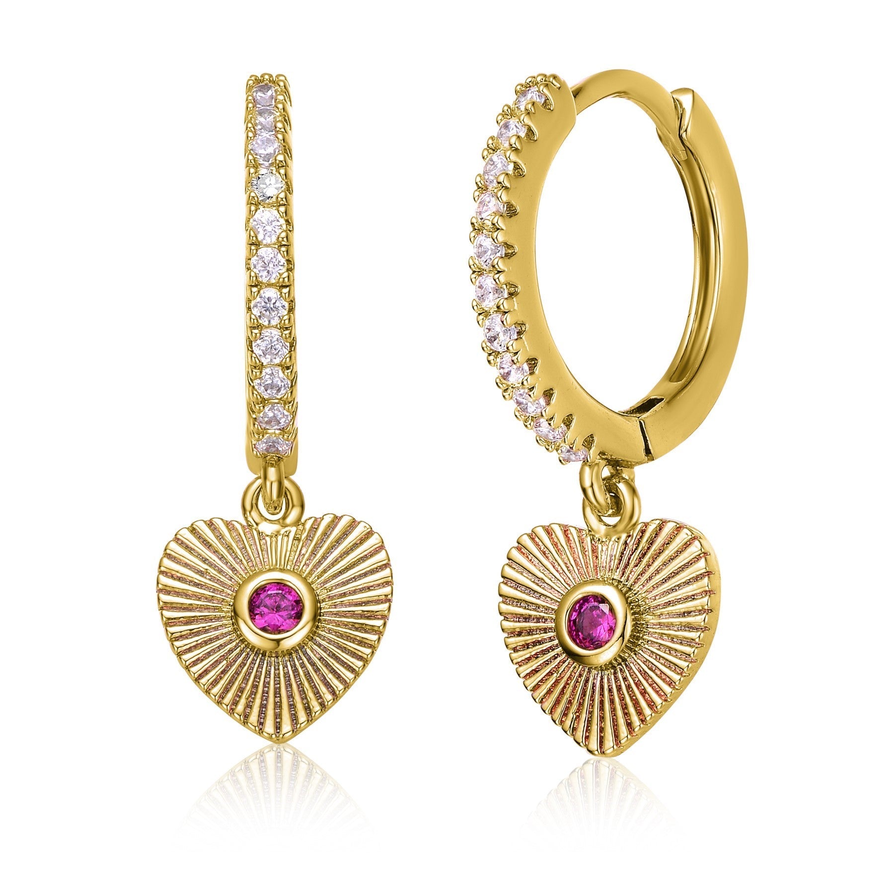RG 14k Yellow Gold Plated with Ruby Cubic Zirconia Sunray Heart Dangle Charm Hoop Earrings