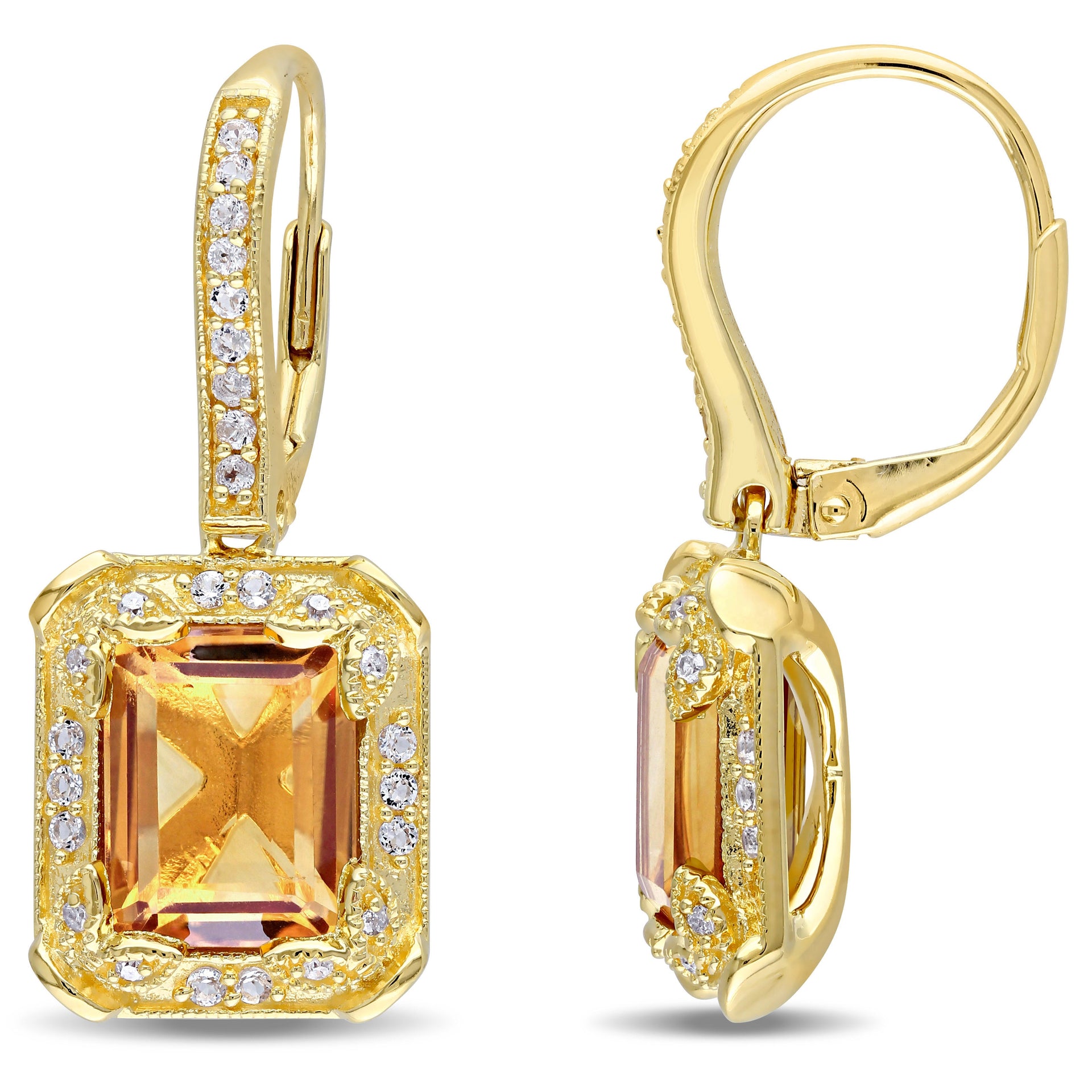 6 3/5ct TW Citrine-White Topaz and 1/10ct TDW Diamond Leverback Earrings in Yellow Silver