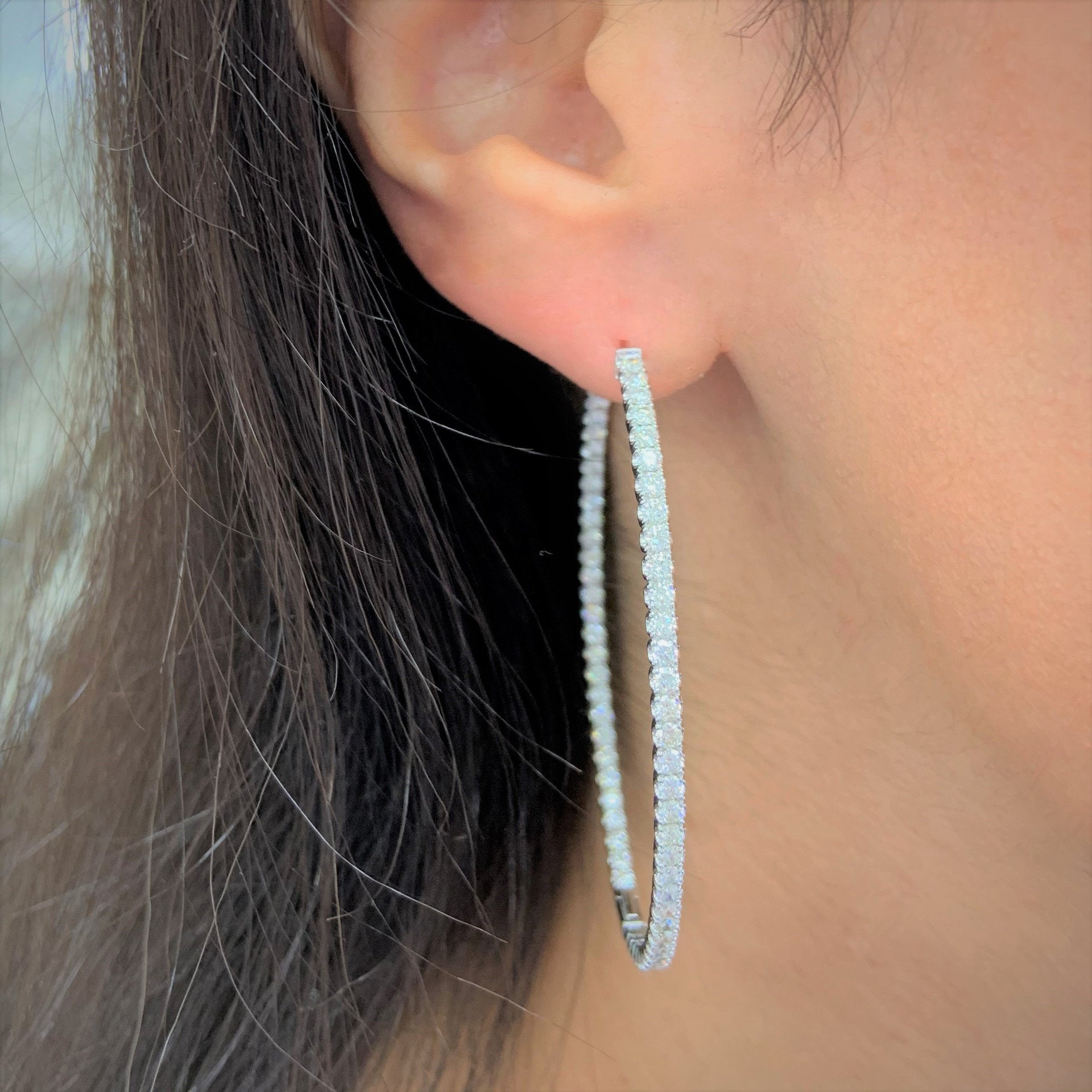 14k Gold & Diamond Oval Hoop Earrings - 2.25''