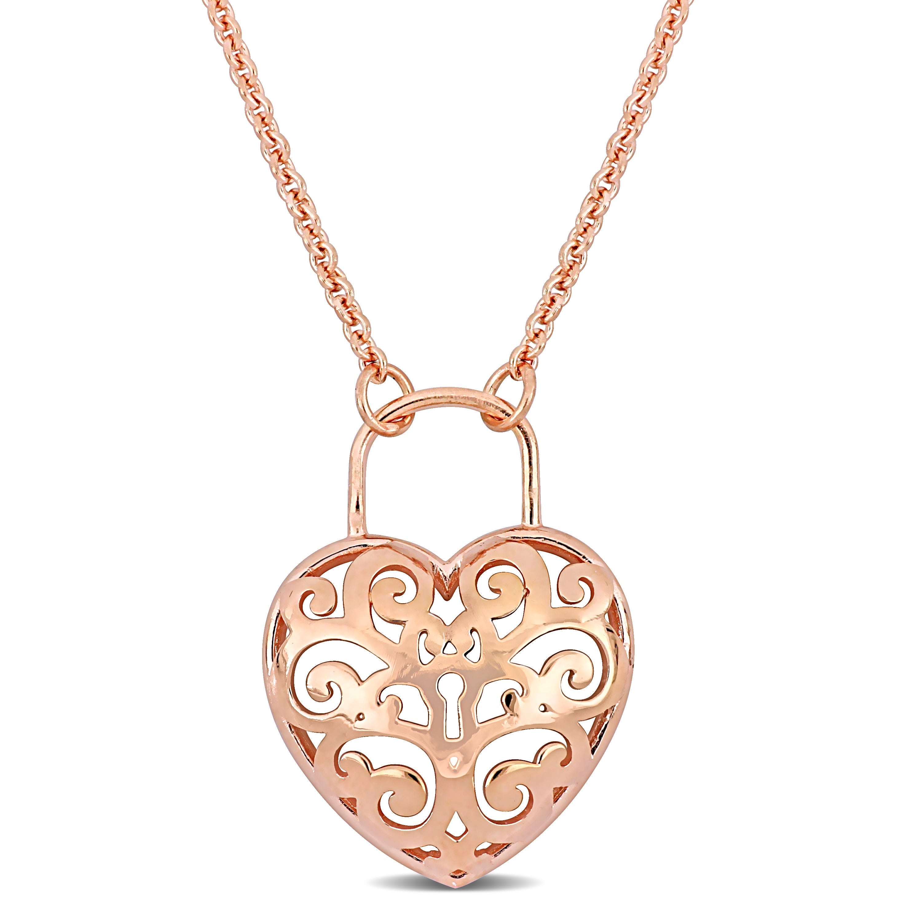 Mimi & Max Pink Heart Lock Charm Pendant w/ Chain in 18k Rose Gold Pla