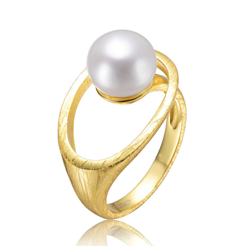 Sterling Silver 14K Gold Plated With Genuine Freshwater Round Pearl Contemporary Ring