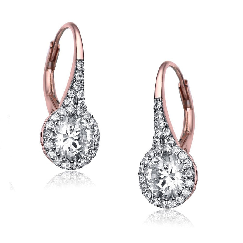 Sterling Silver with Clear Round Cubic Zirconia Partially Paved and Haloed Solitaire Drop Earring