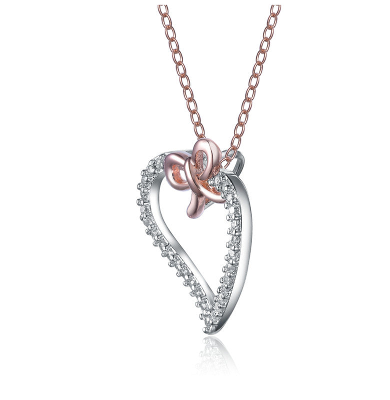 Rose-plated Sterling Silver Cubic Zirconia Heart And Bowtie Necklace