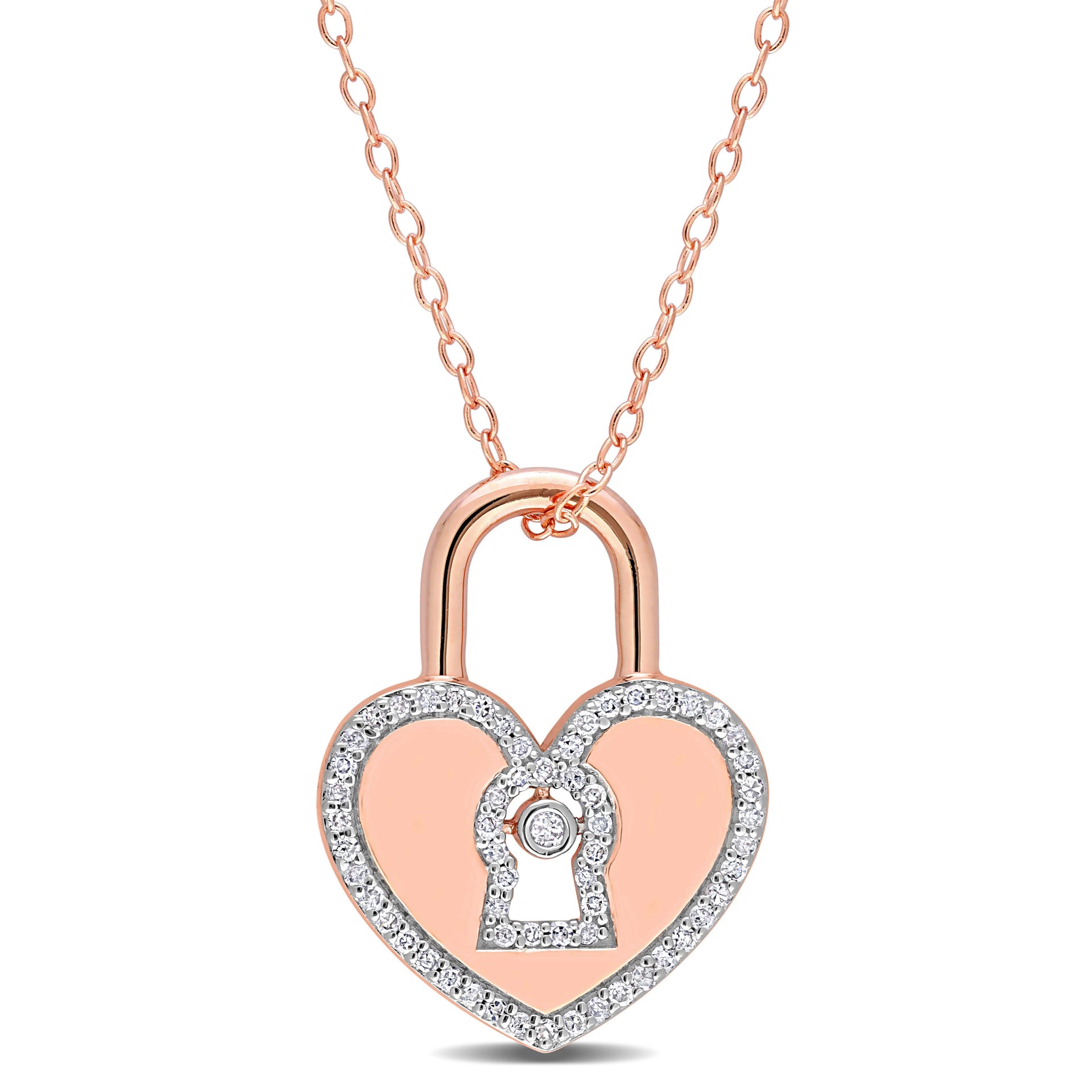 1/5 CT TW Diamond Heart Lock Pendant with Chain in Rose Plated Sterling Silver