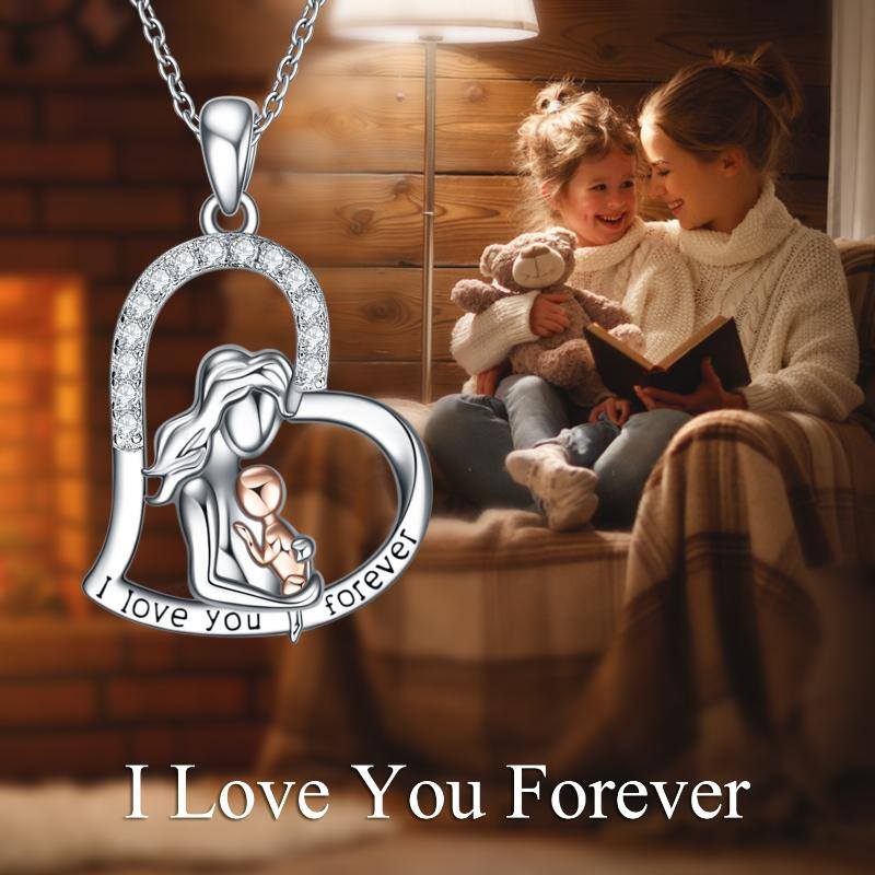 Sterling Silver Two-tone Cubic Zirconia Mother Daughter Heart Engraved Necklace for Women