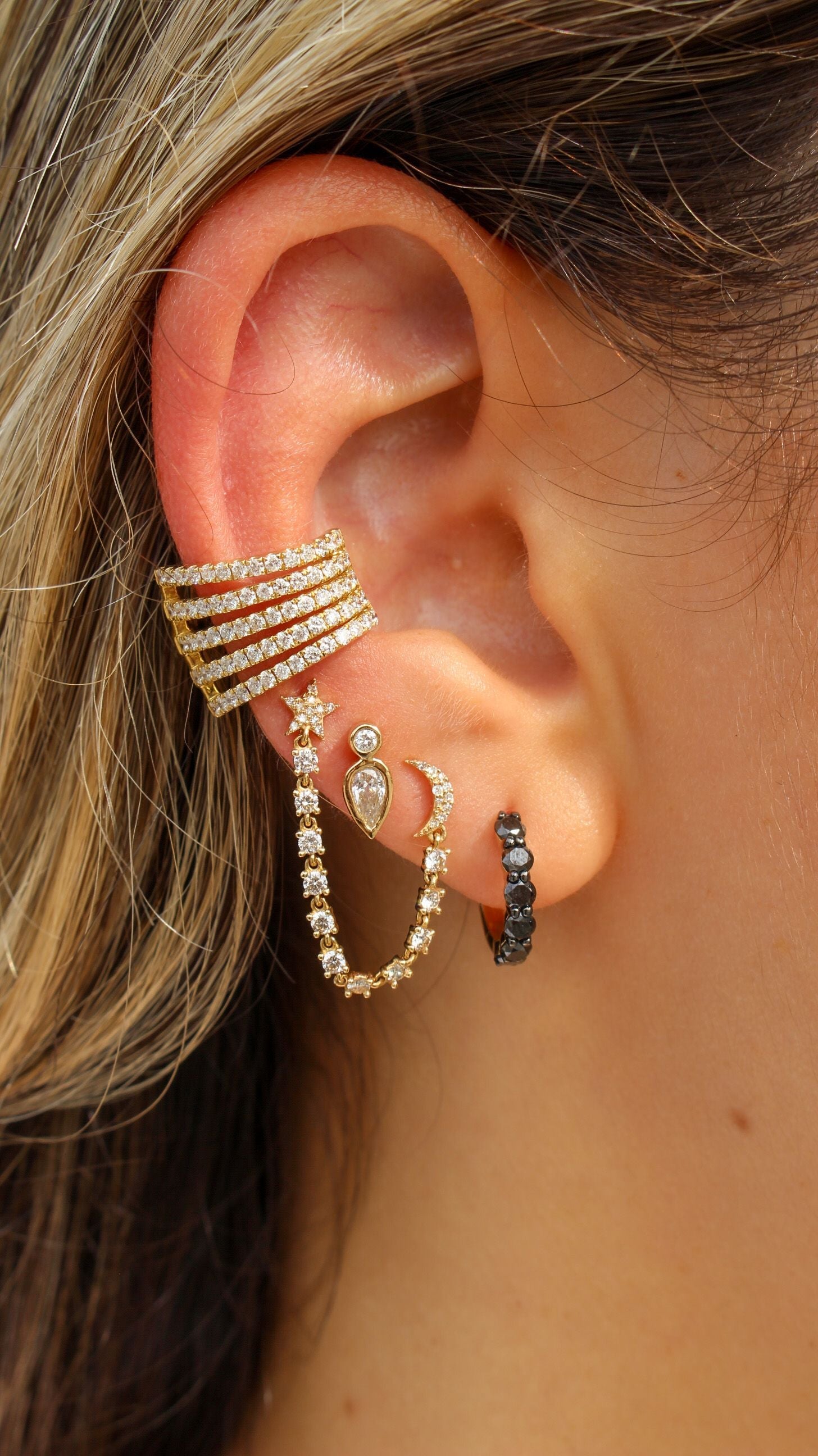 Gold Black Diamond Prong Hoop Earring