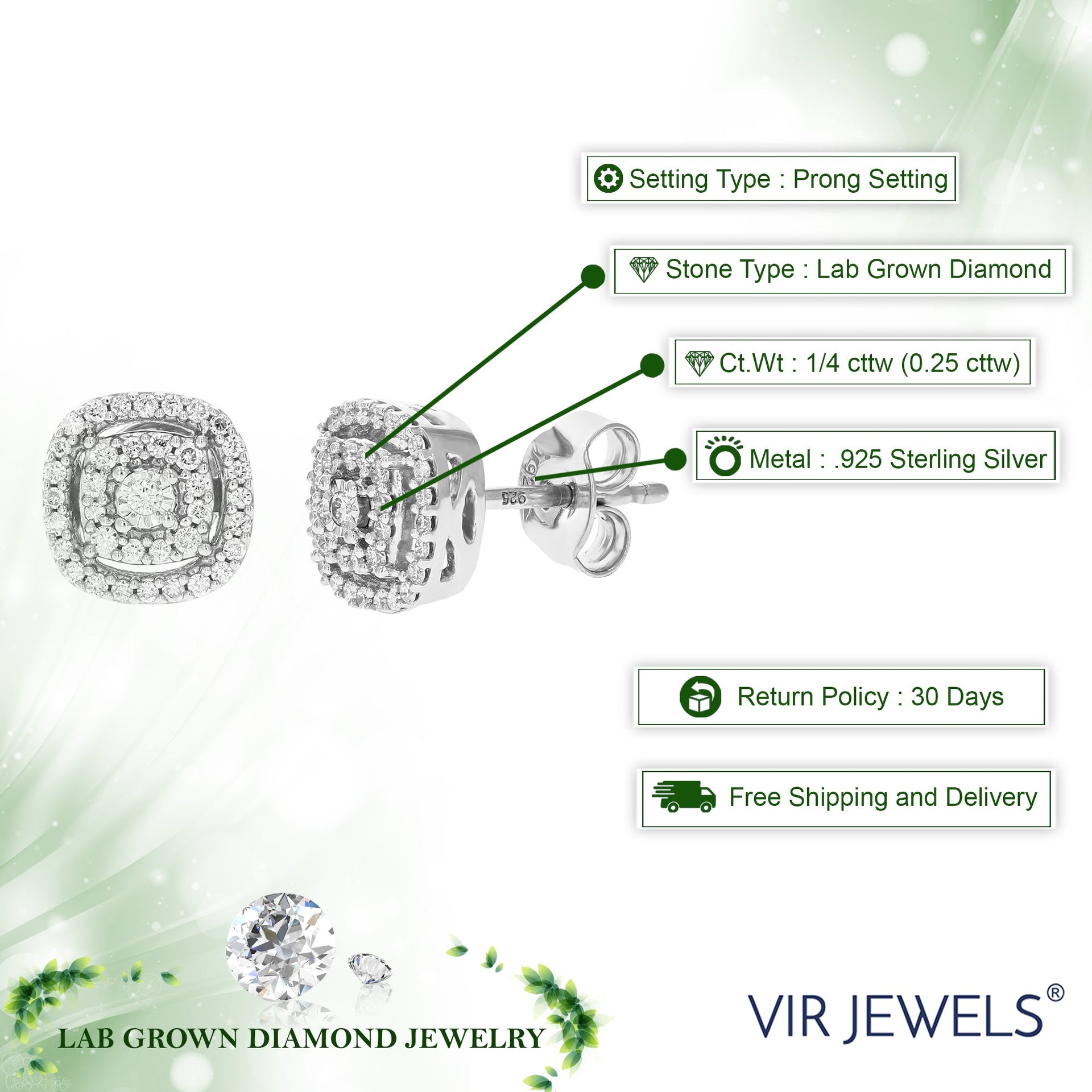 1/4 cttw 66 Stones Round Lab Grown Diamond Studs Earrings .925 Sterling Silver Prong Set Square Shape