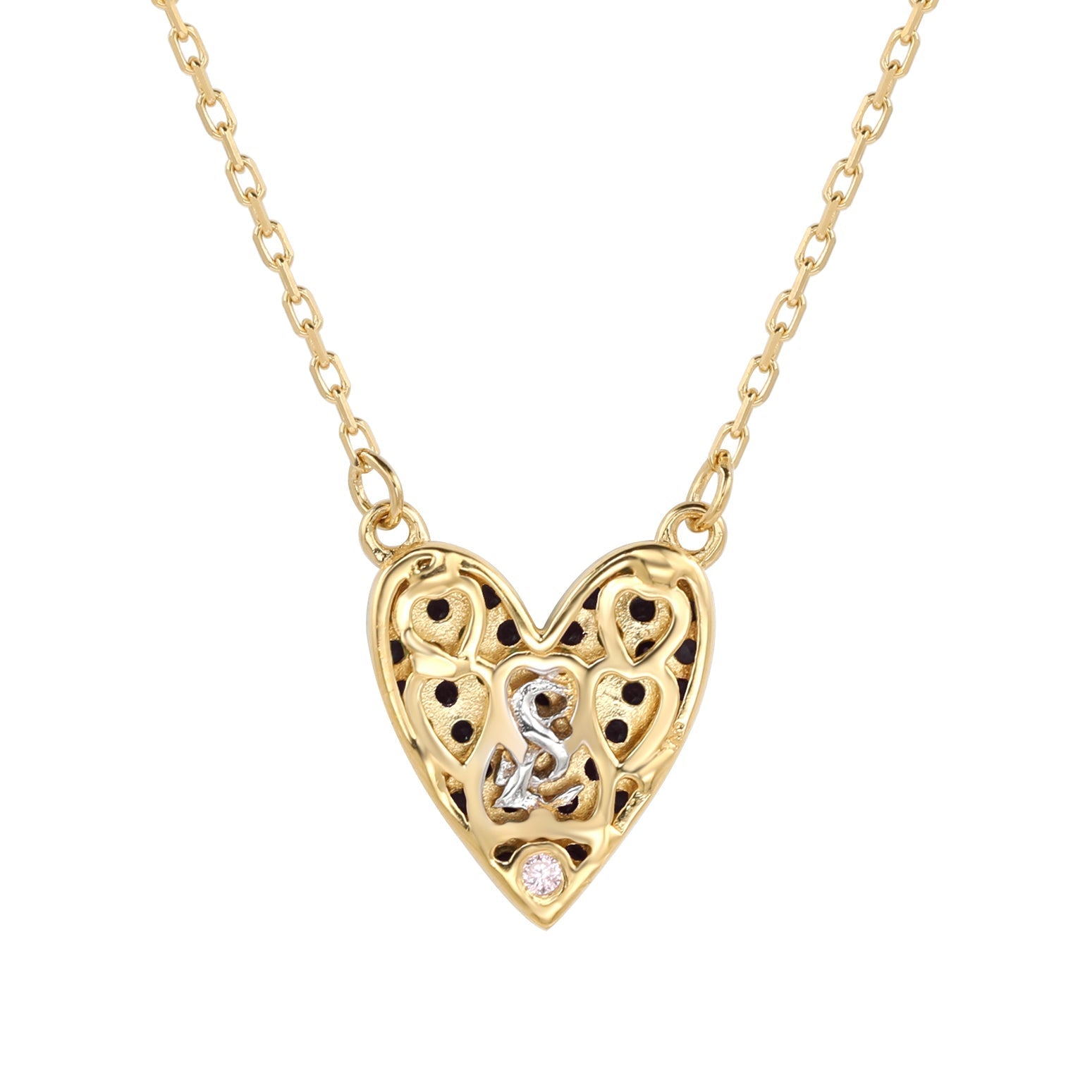 Suzy Levian Black Cubic Zirconia Golden Sterling Silver Heart Necklace