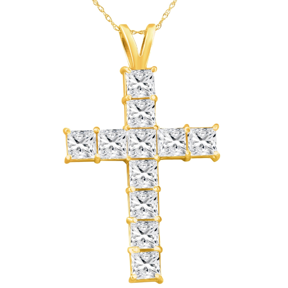 5.80Ct Princess Cut Diamond Cross Pendant 14k Gold Necklace Lab Grown 1 1/2'