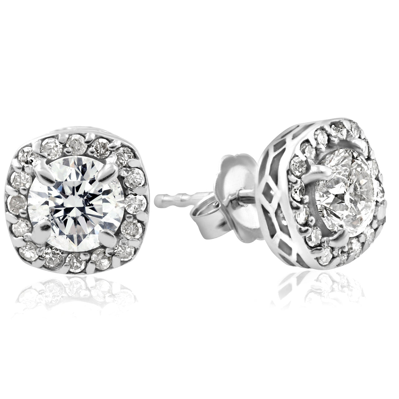 3/4CT Round Diamond Cushion Halo Studs 14K White Gold