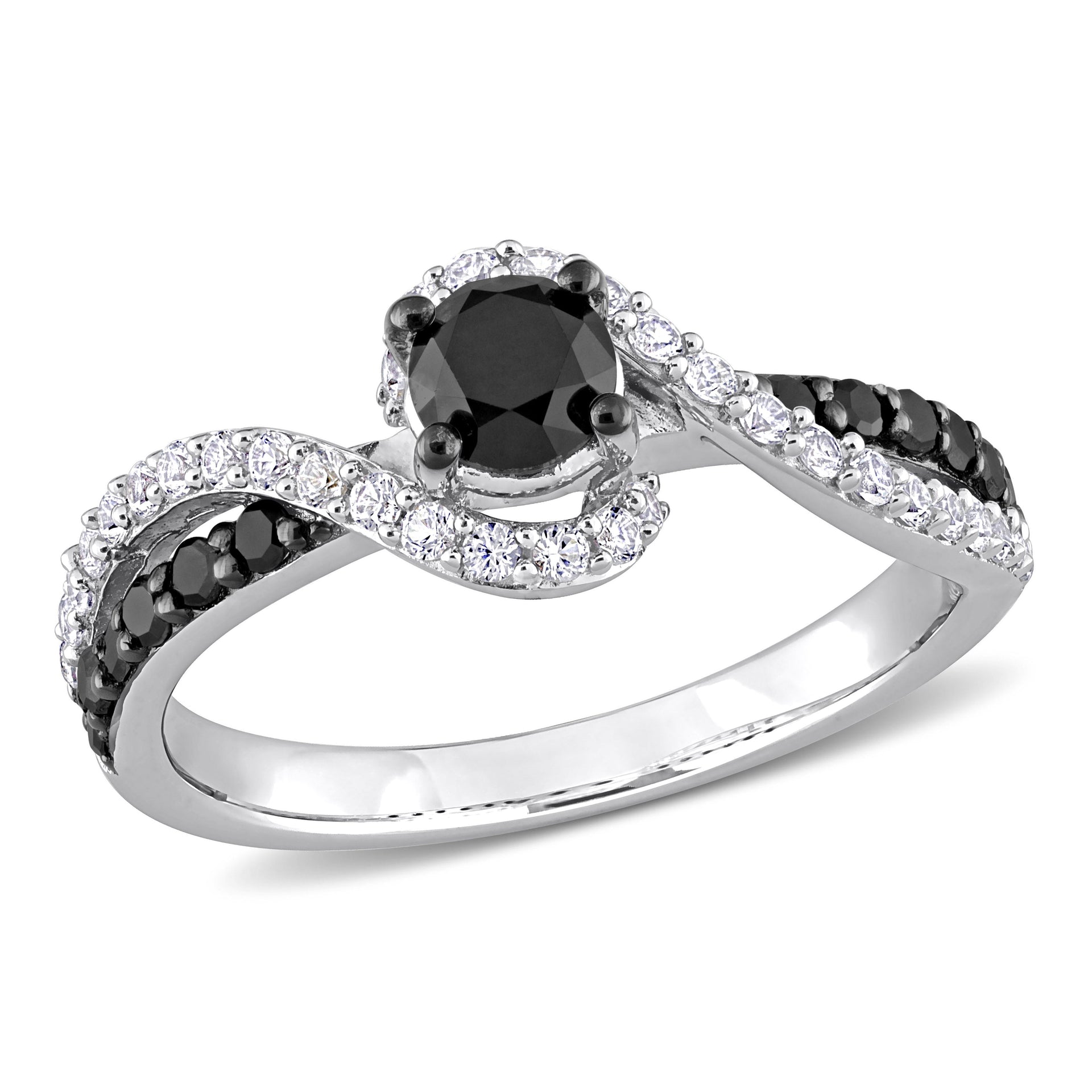 3/4 ct TW Black Diamond and White Sapphire Swirl Engagement Ring in Sterling Silver