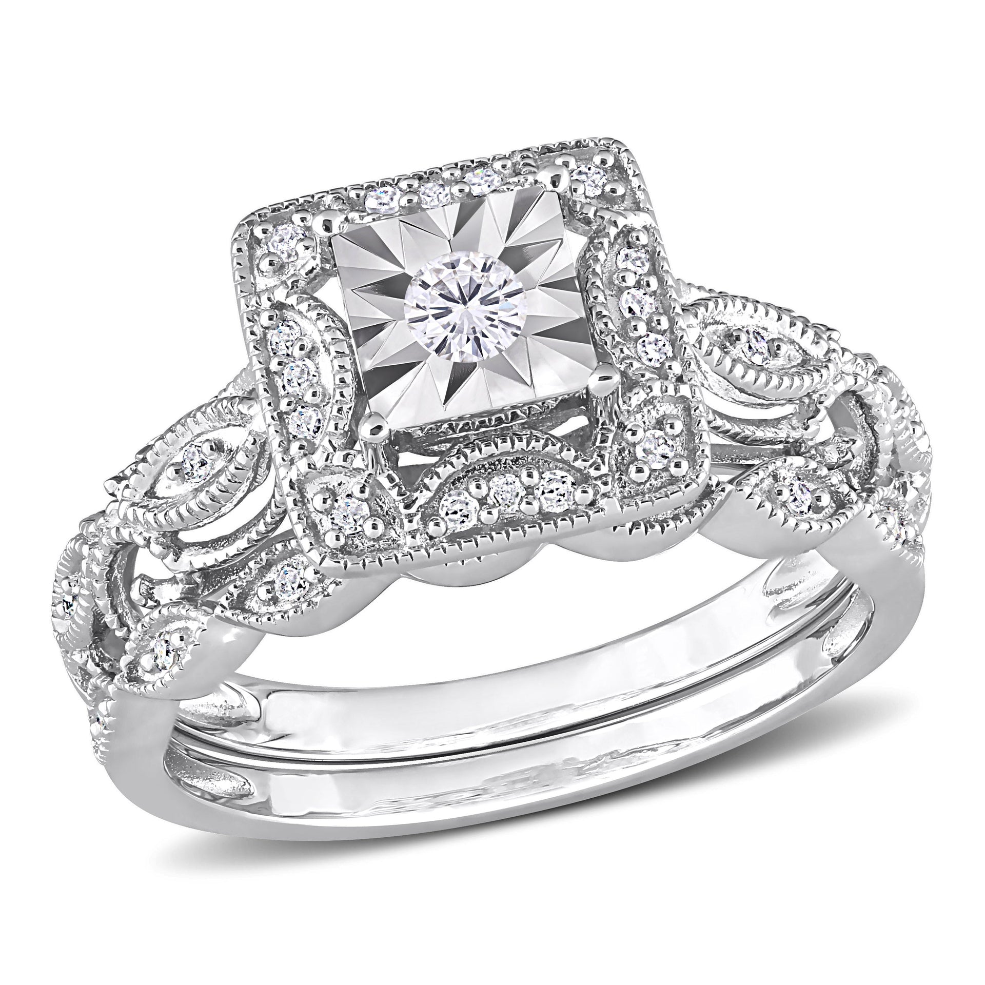 1/5ct TDW Diamond Square Halo Bridal Ring Set in Sterling Silver