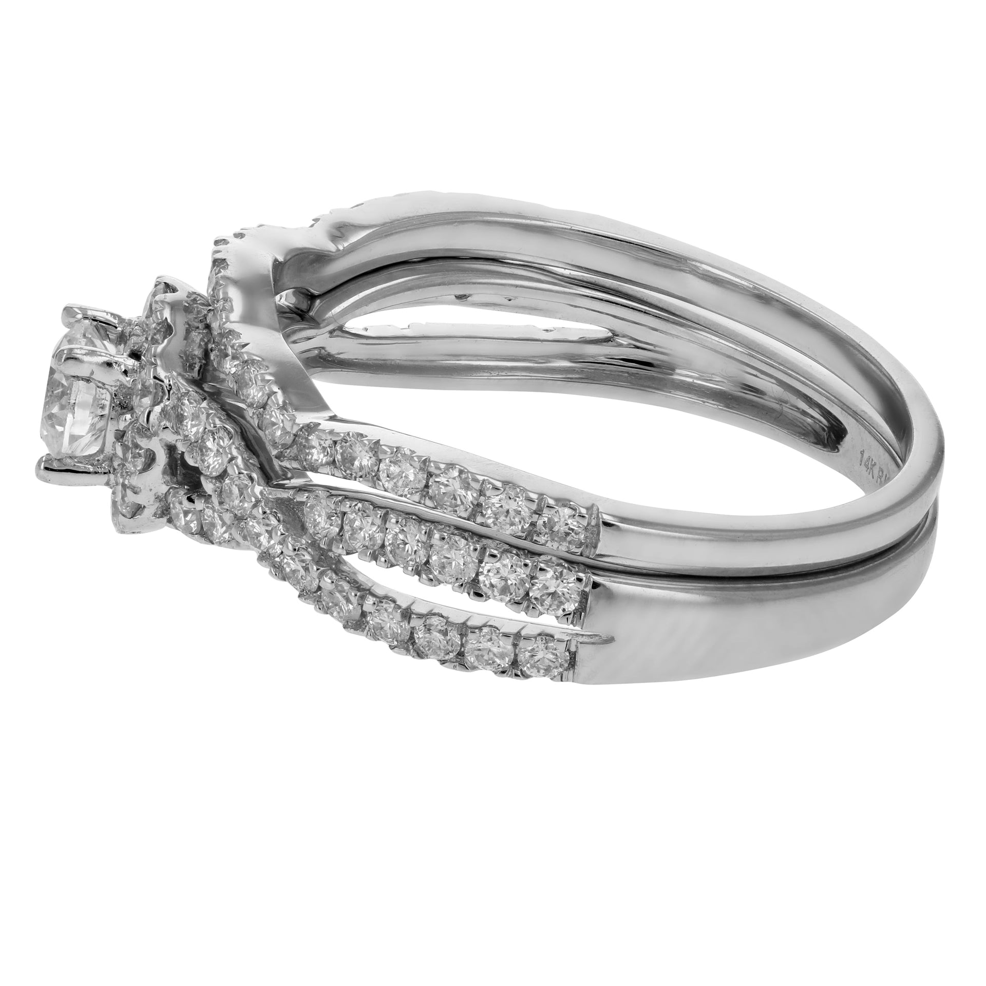 1 Cttw Diamond Halo Criss-cross Wedding Engagement Ring Set 14K White Gold