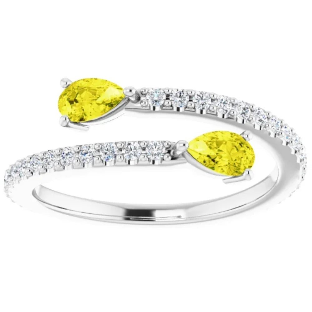 5/8 Ct Fancy Yellow Pear Shape Diamond 2-Stone Bypass Ring Lab Grown White Gold