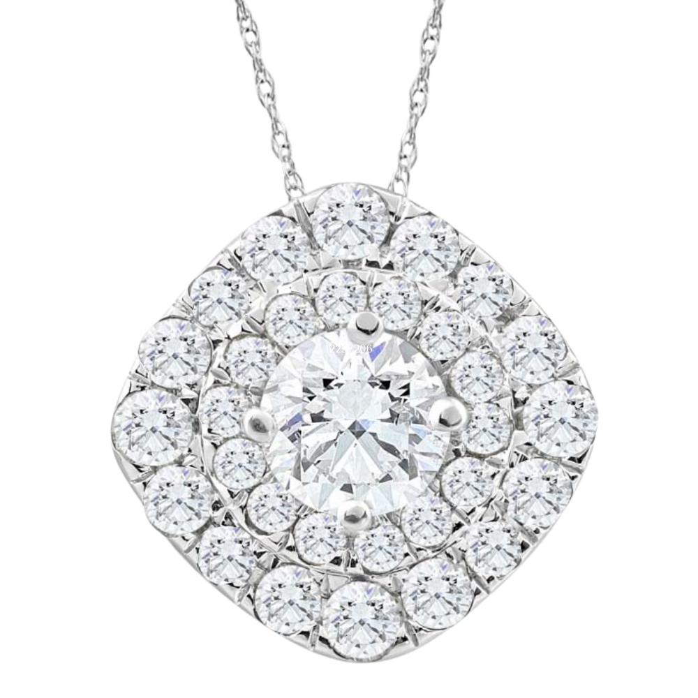 2 1/4Ct TW Diamond (1ct center) Cushion Halo Pendant White Gold Necklace