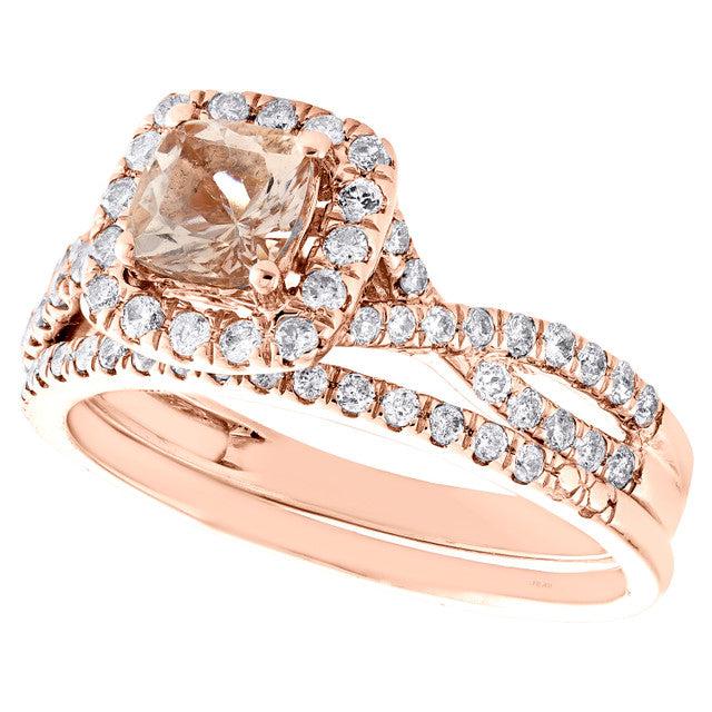 1C TW Cushion Morganite Diamond Engagement Wedding Ring Set 14k Rose Gold