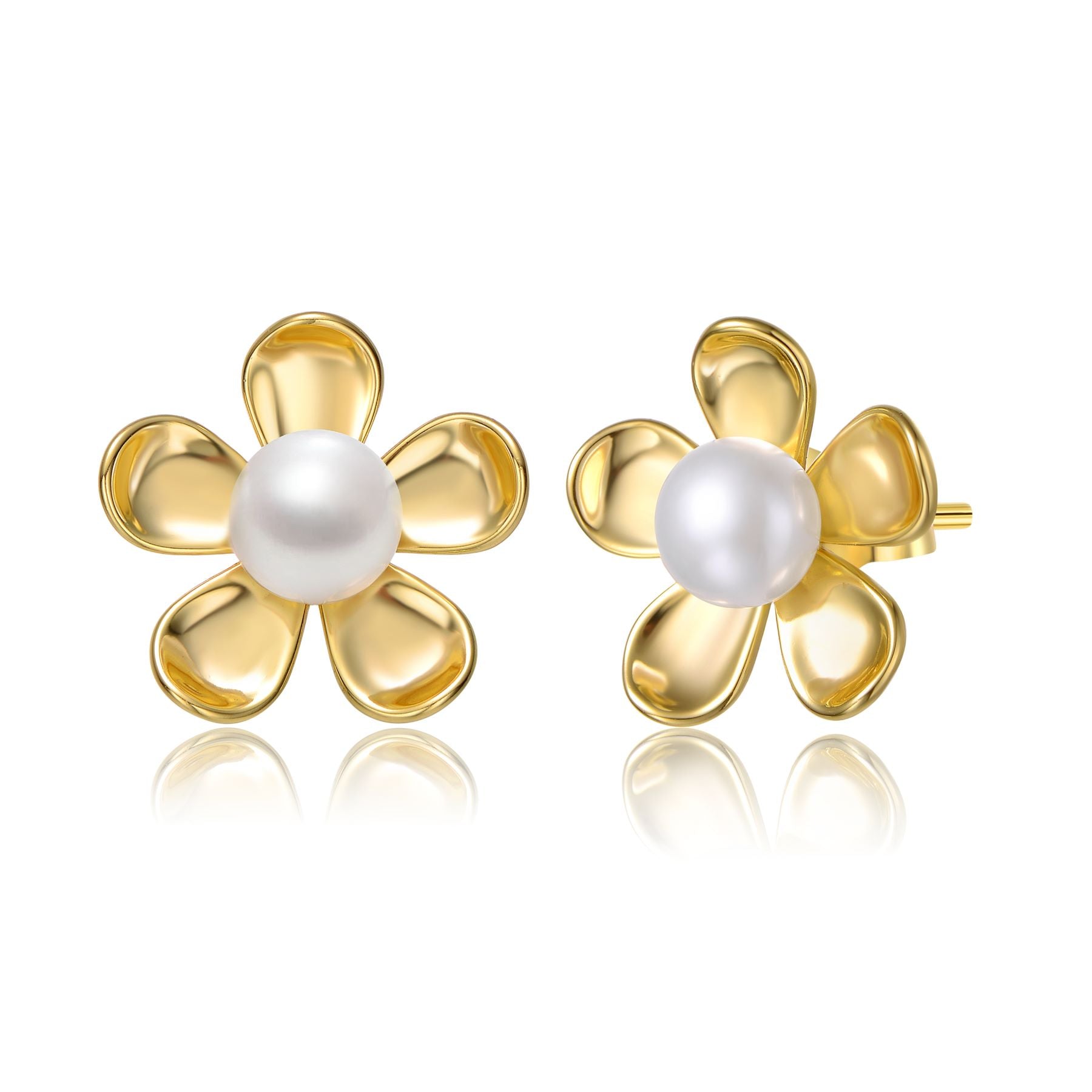 Sterling Silver 14k Yellow Gold Plated with White Pearl Blooming Daisy Flower Stud Earrings