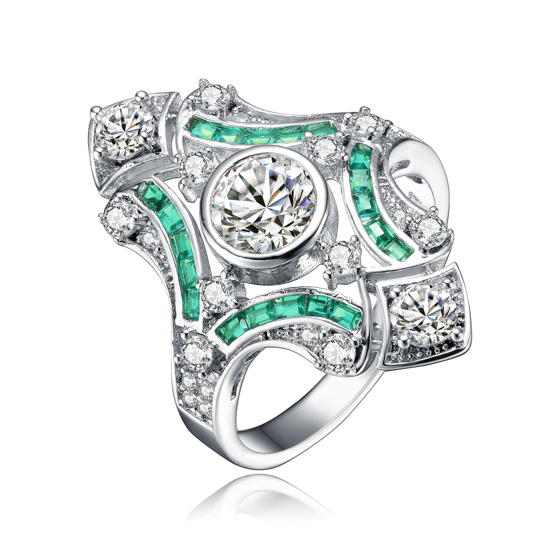 Sterling Silver Emerald Cubic Zirconia Geometrical Coctail Ring