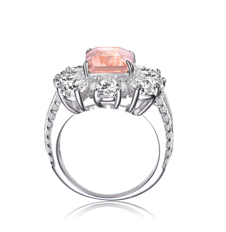 GENEVIVE Sterling Silver Morganite Cubic Zirconia Halo Cocktail Ring