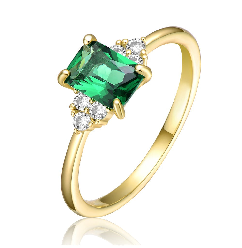 GV Sterling Silver 14k Yellow Gold Plated with Emerald & Cubic Zirconia Solitaire Cluster Anniversary Engagement Ring