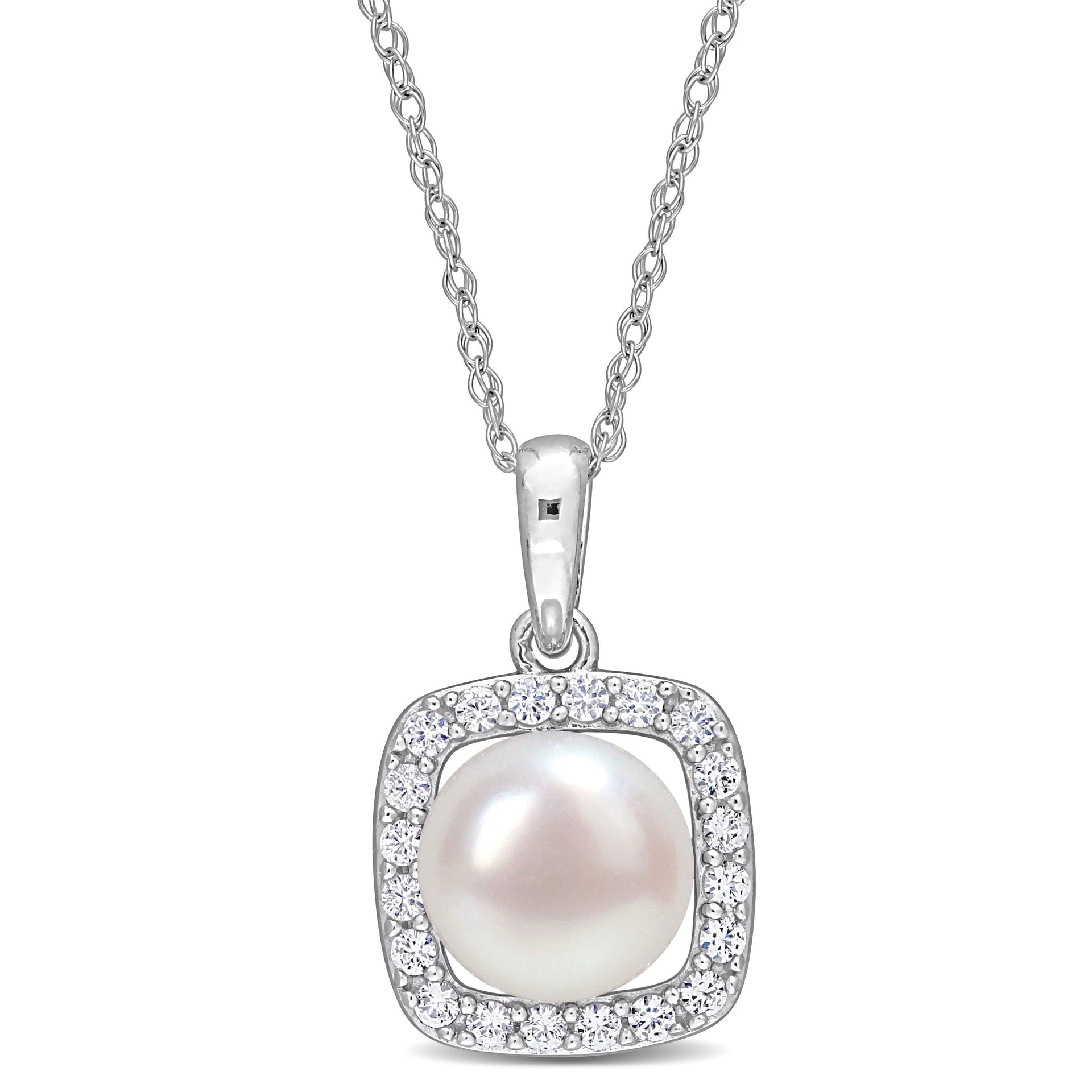 7-7.5mm Cultured Freshwater Pearl and 1/5ct TW Created White Sapphire Halo Necklace in 10k White Gold