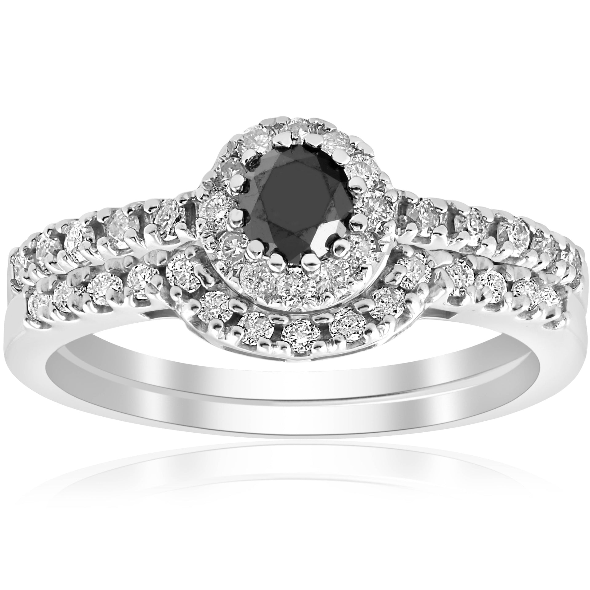 7/8 ct Black Pave Halo Diamond Vintage Engagement Wedding Ring Set 14k White Gold