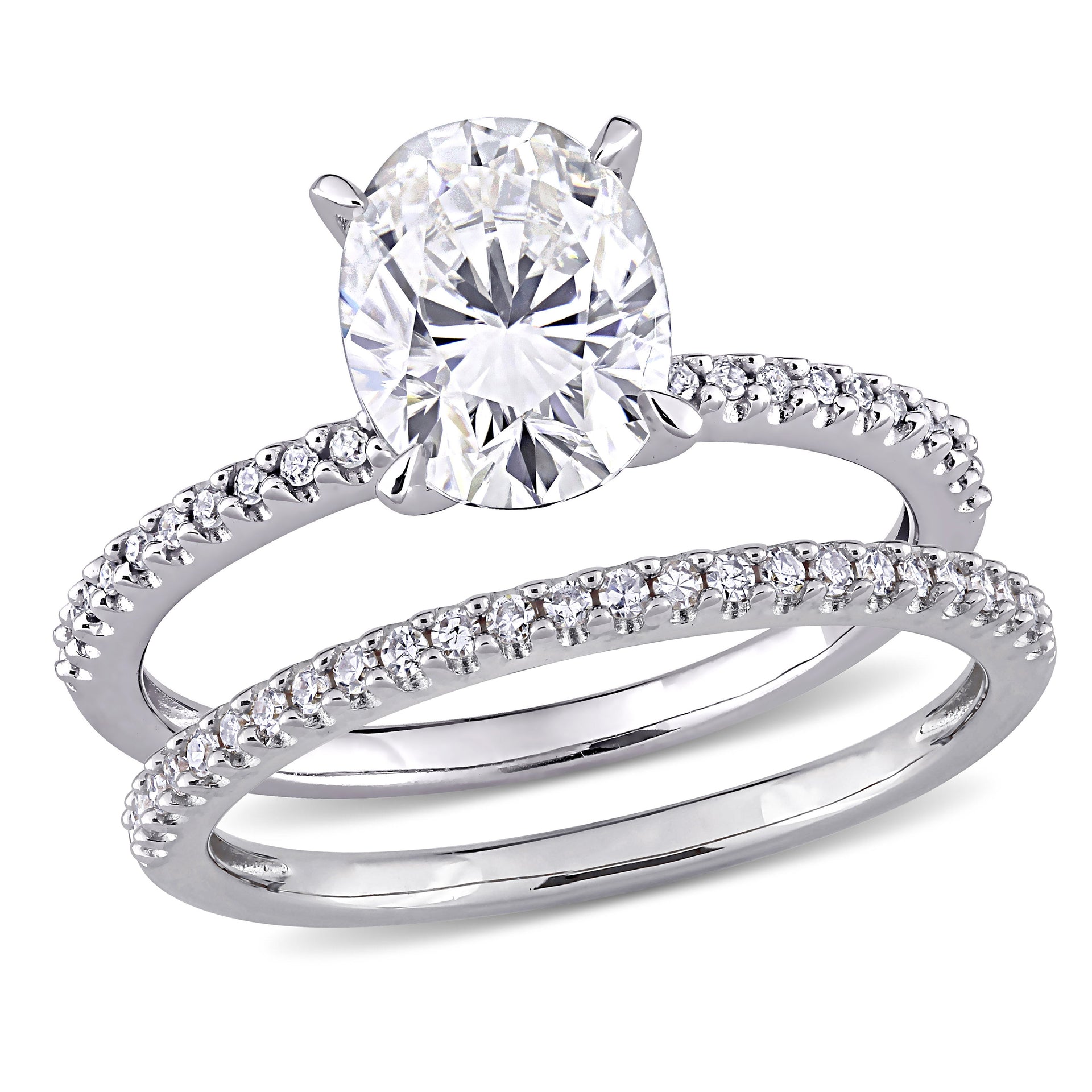 2 ct DEW Oval Created Moissanite and 1/4 ct TW Diamond Bridal Ring Set in 14k White Gold