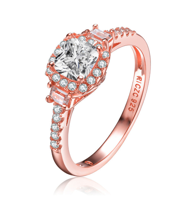GENEVIVE Sterling Silver Rose Gold Plated Cubic Zirconia Engagement Ring
