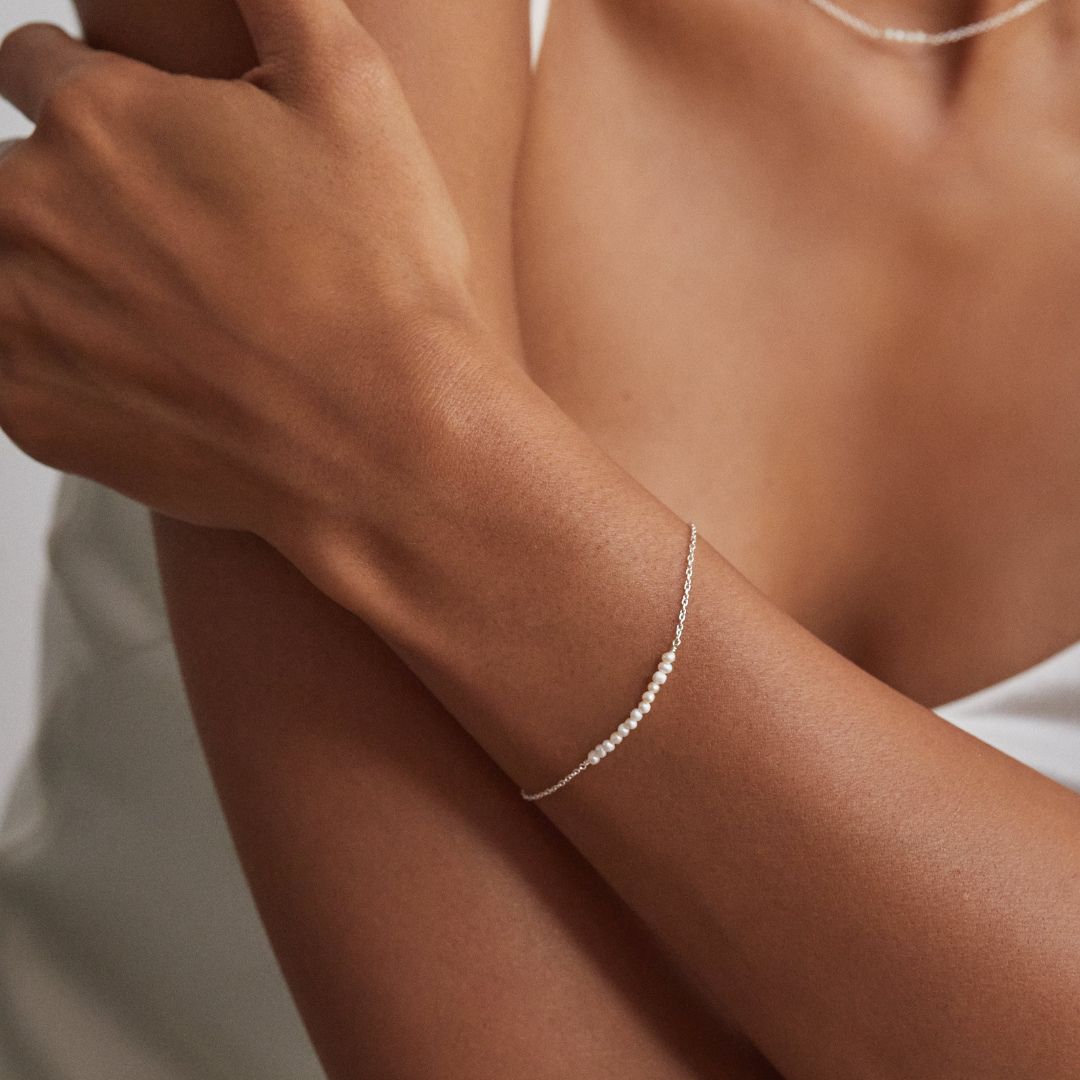 Solid White Gold Small Pearl Cluster Bracelet