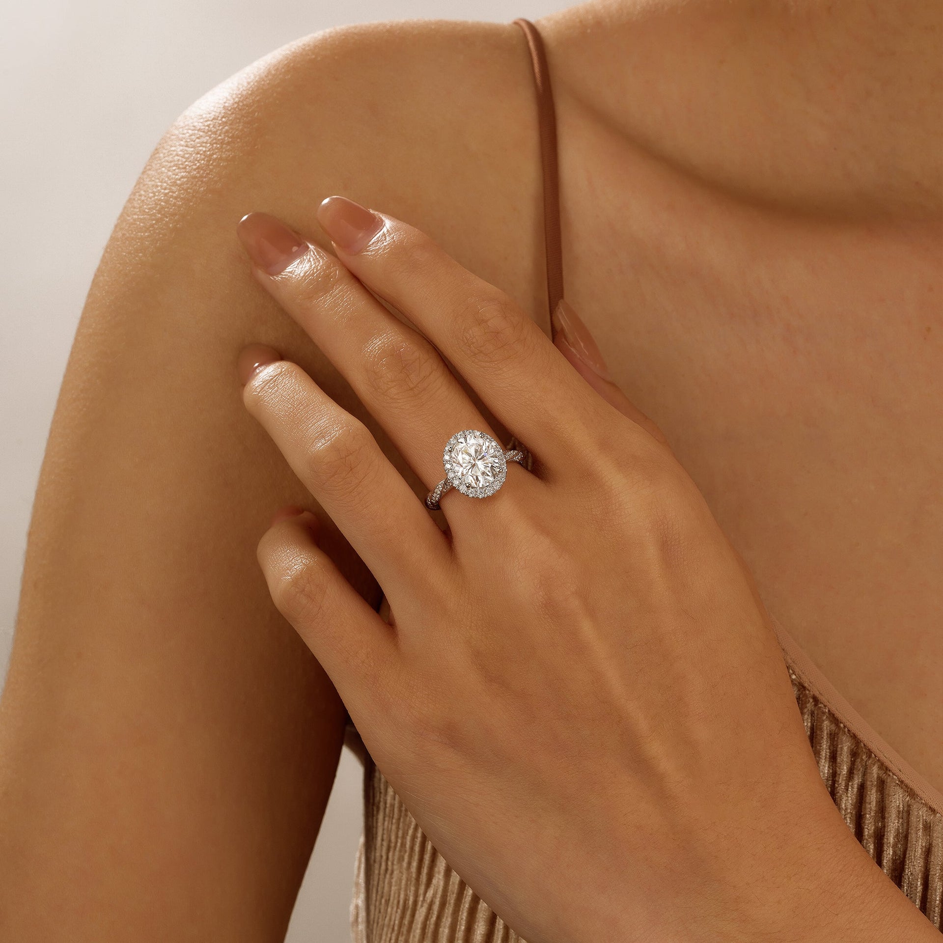 3 Carat Oval Halo Moissanite Engagement Ring with Twisted Pavé Band